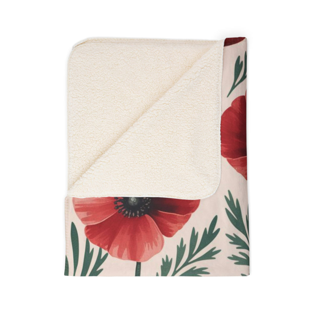 Poppy Floral Sherpa Blanket — Cozy Fleece Throw with Red Poppy Pattern