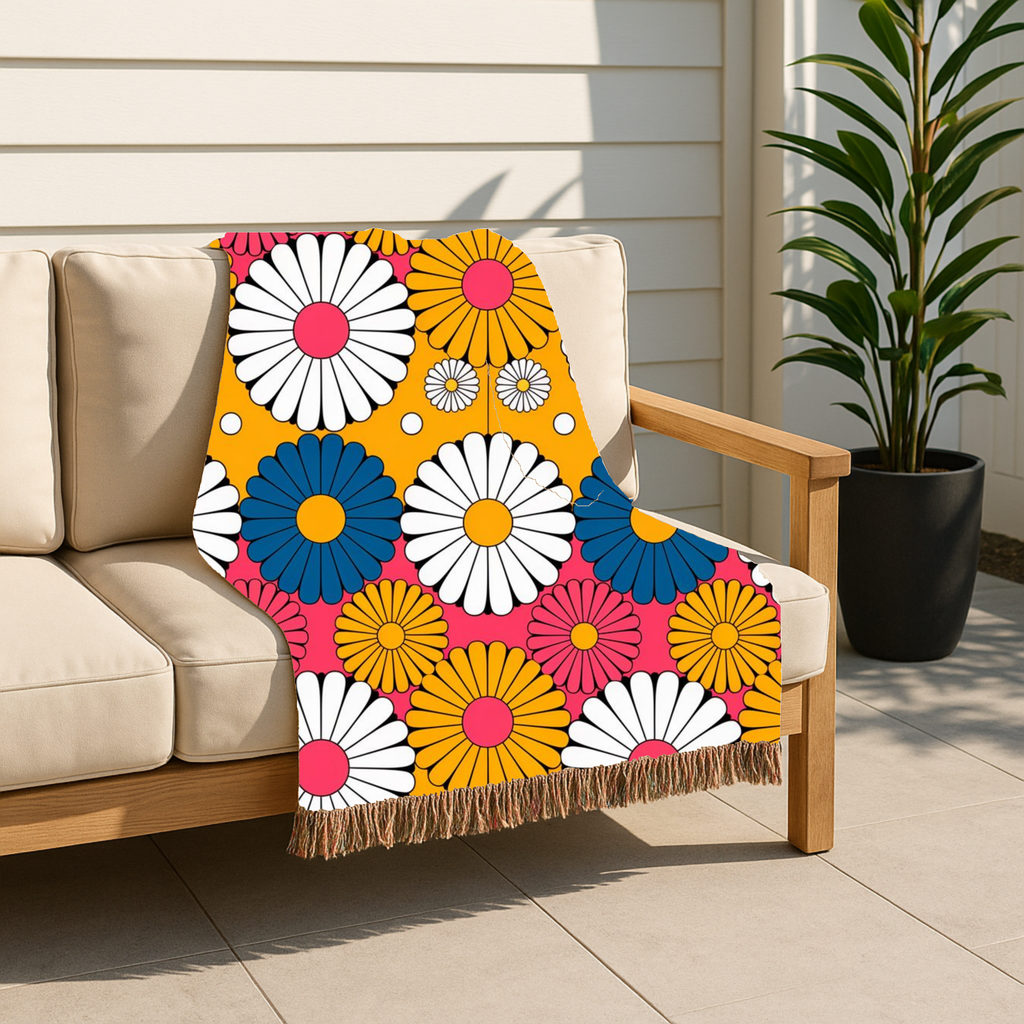 🌼  Mustard Daisy Throw — 1960s Mod Flower Woven Blanket