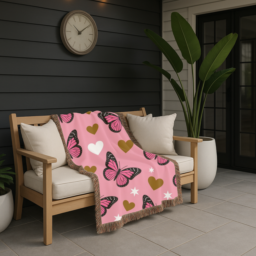 Butterfly Kiss Throw — 2000s Pink Butterfly & Heart Woven Blanket