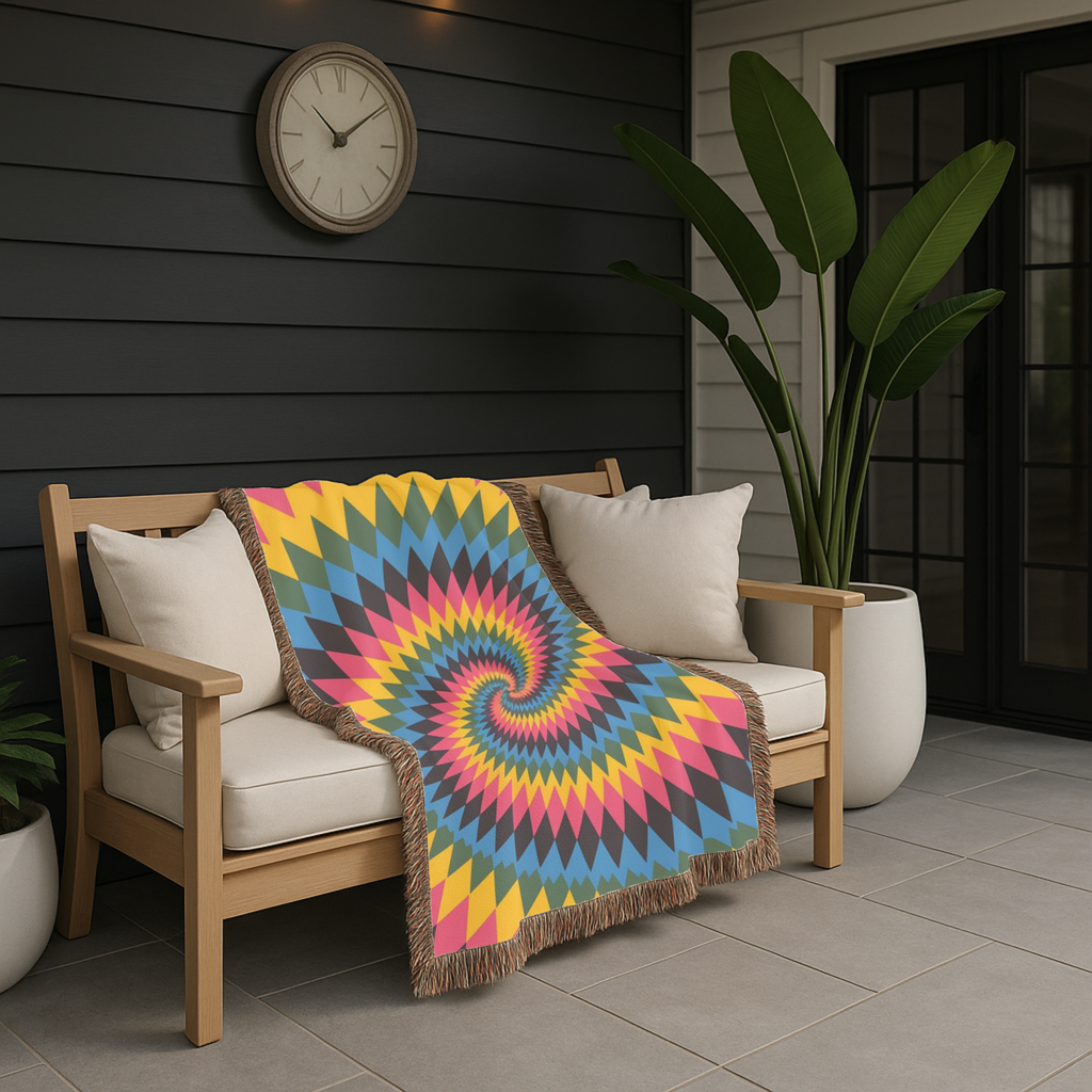 Spectrum Throw — 1990s Rainbow Spiral Woven Blanket