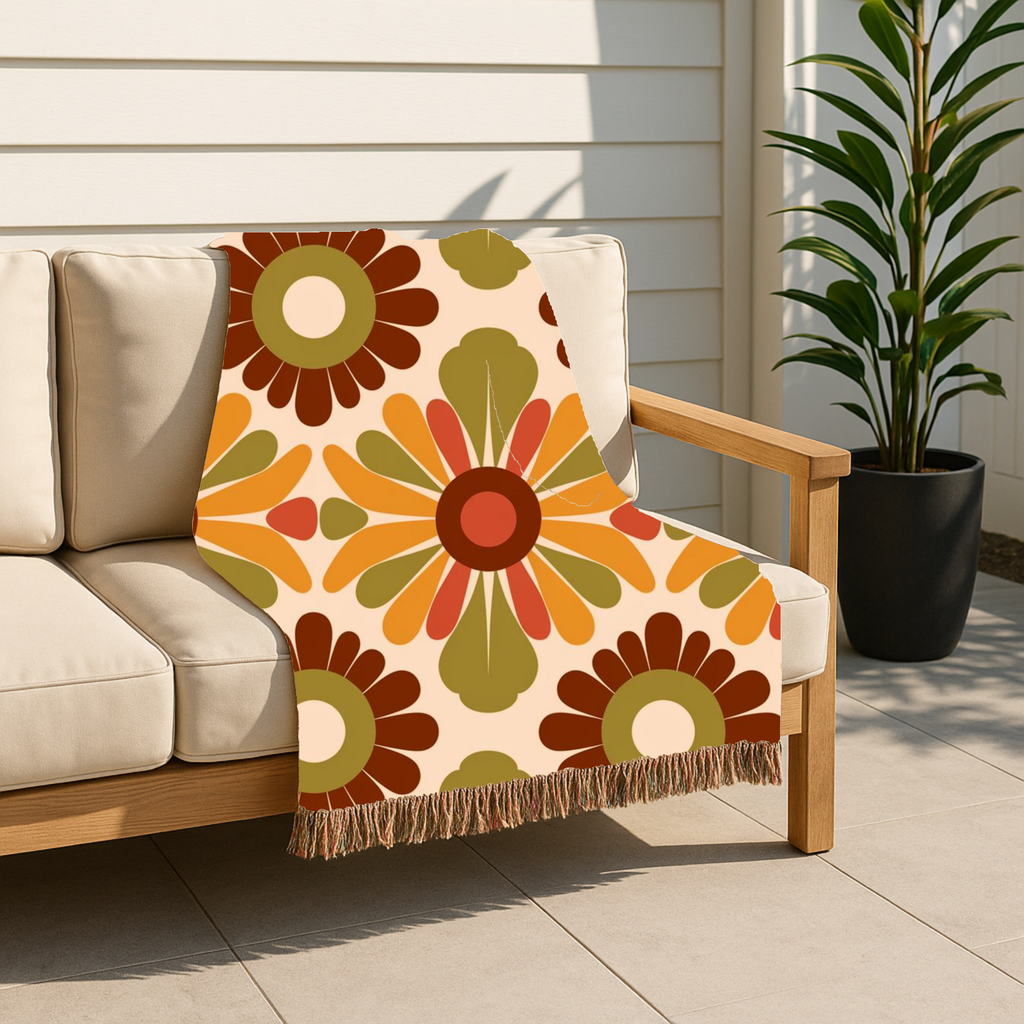 🌼 🌻  Harvest Medallion Throw — 1970s Folk Floral Woven Blanket