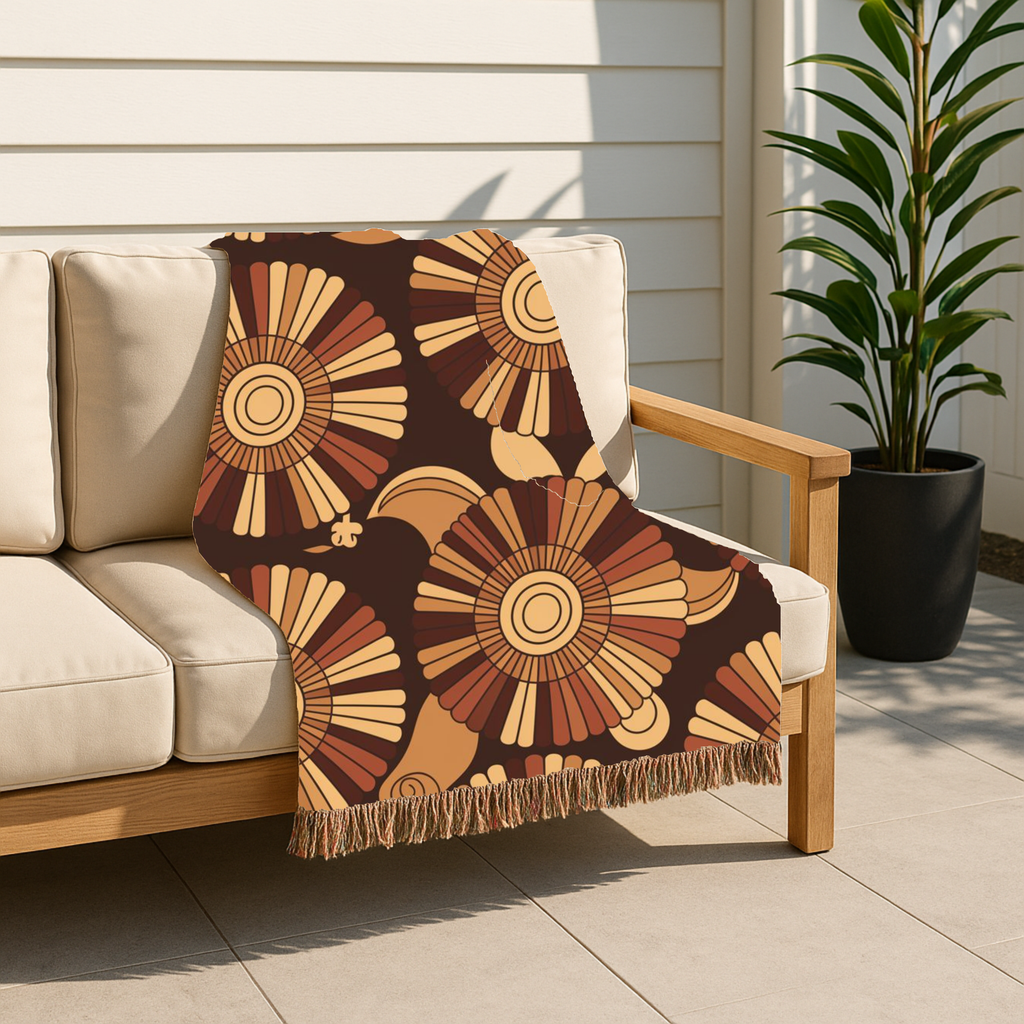 🌻  Tawny Bloom Throw — 1970s Art Nouveau Woven Blanket