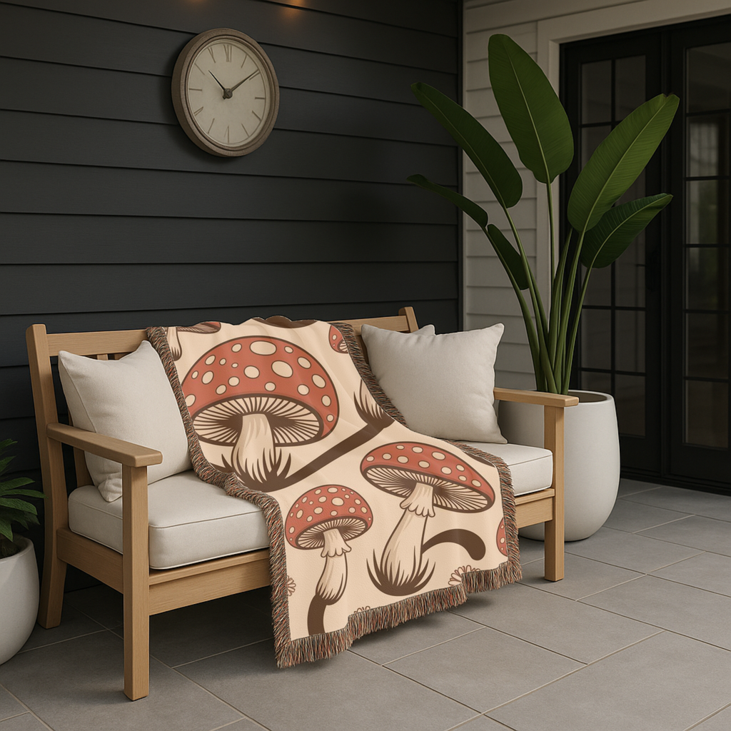 Forest Floor Throw — 1970s Woodland Mushroom Woven Blanket