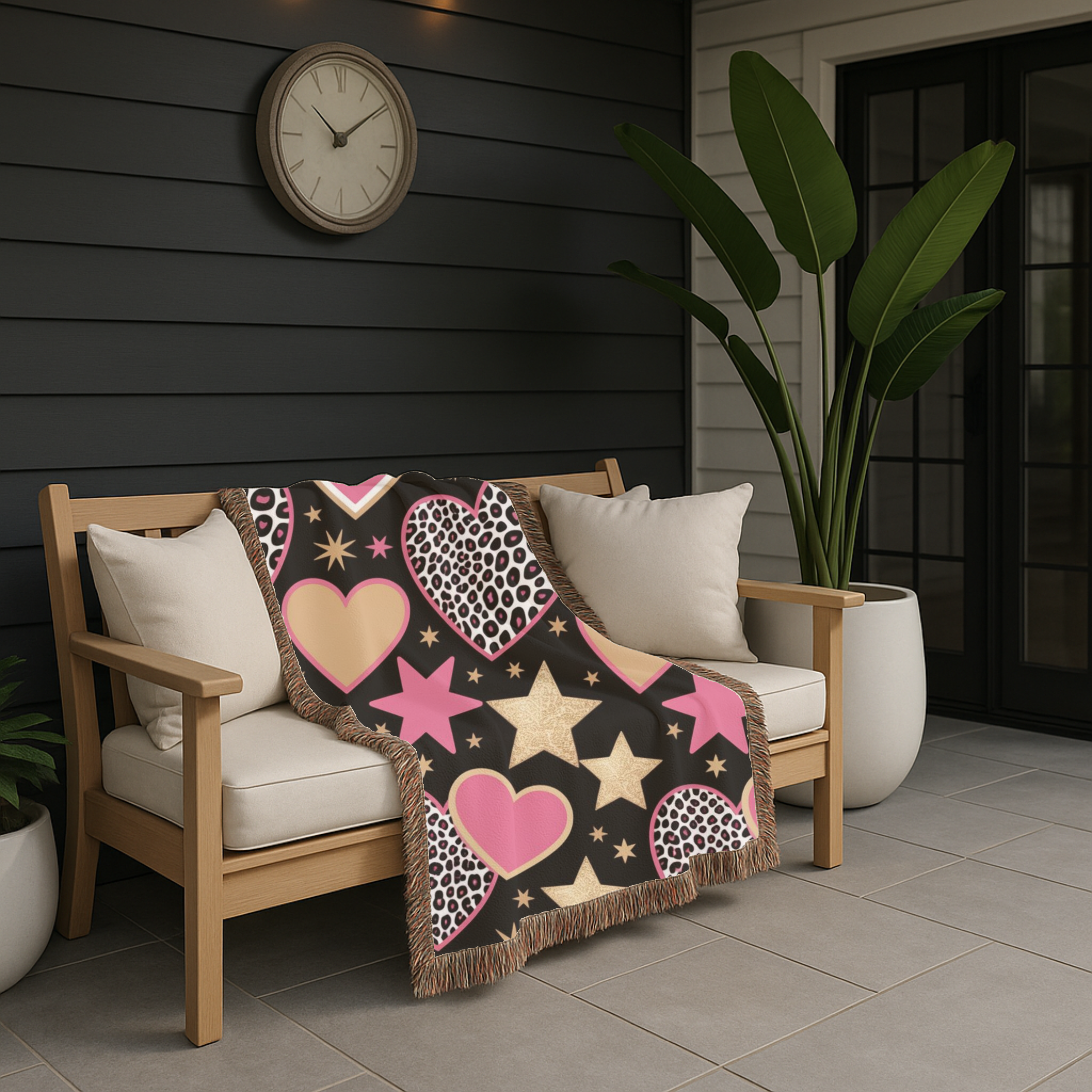 Girl Power Throw — 1990s Leopard Heart & Star Woven Blanket