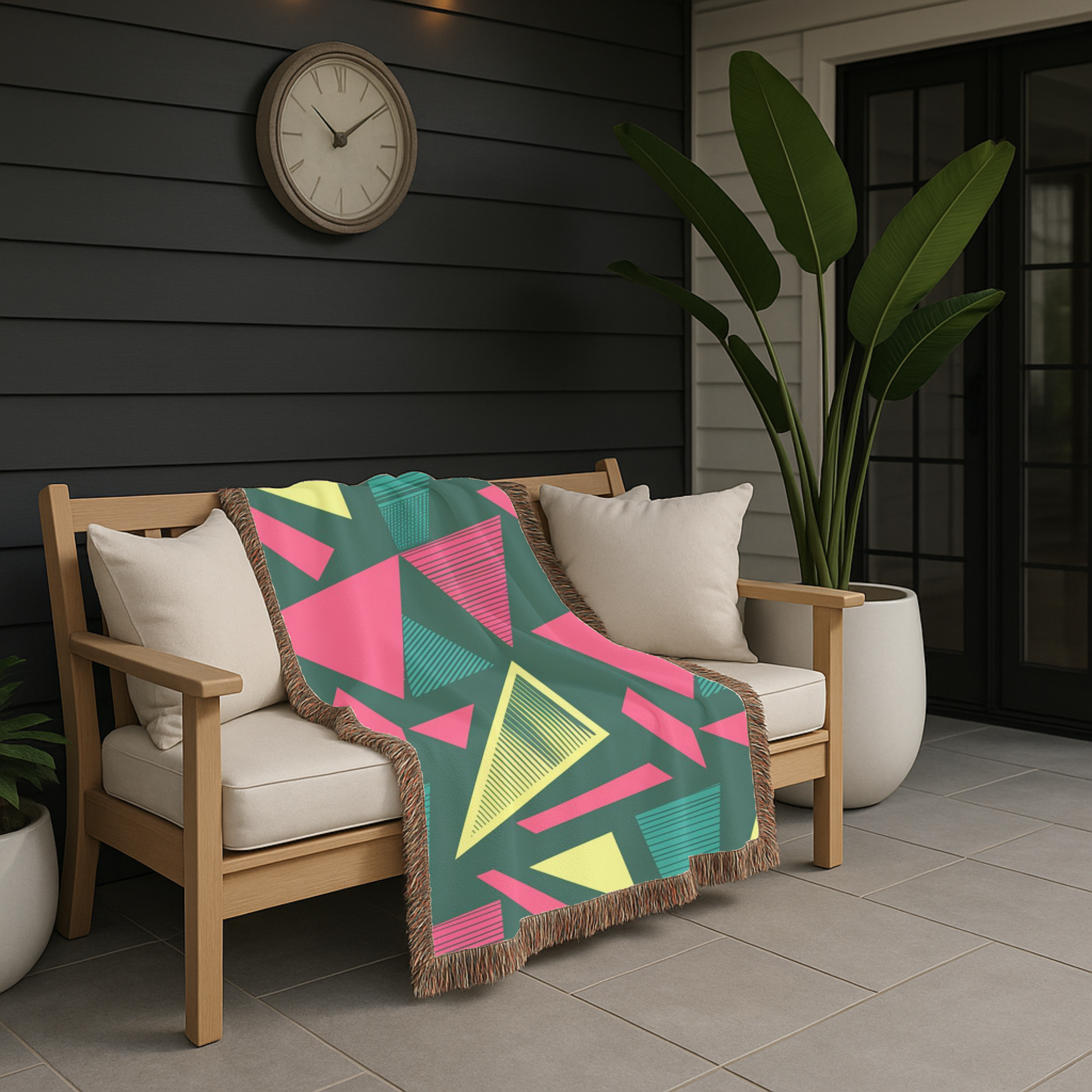 Neon Triangle Throw — 1980s Memphis Geometric Woven Blanket