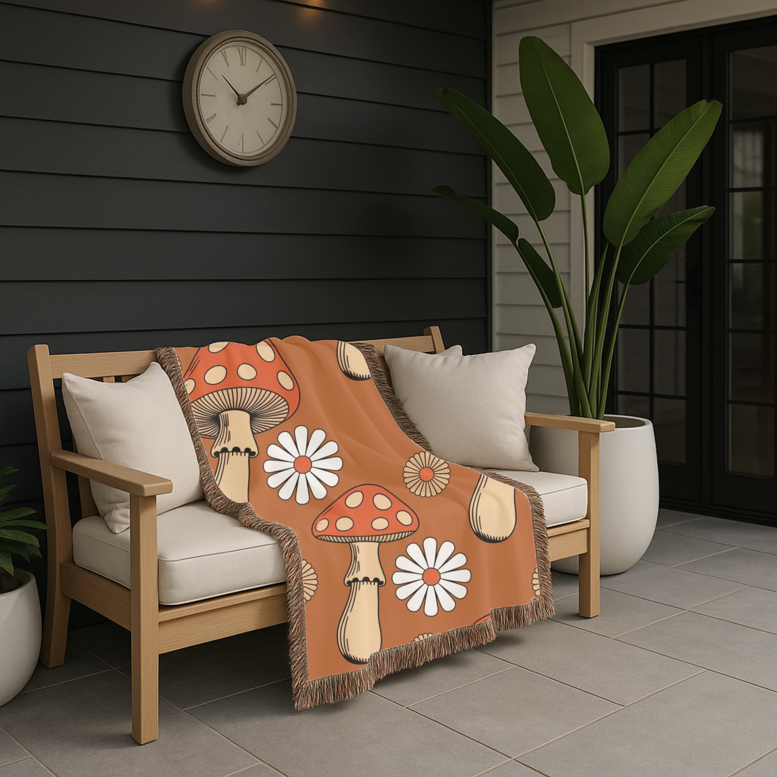 Groovy Mushroom Throw — 1970s Toadstool Daisy Woven Blanket