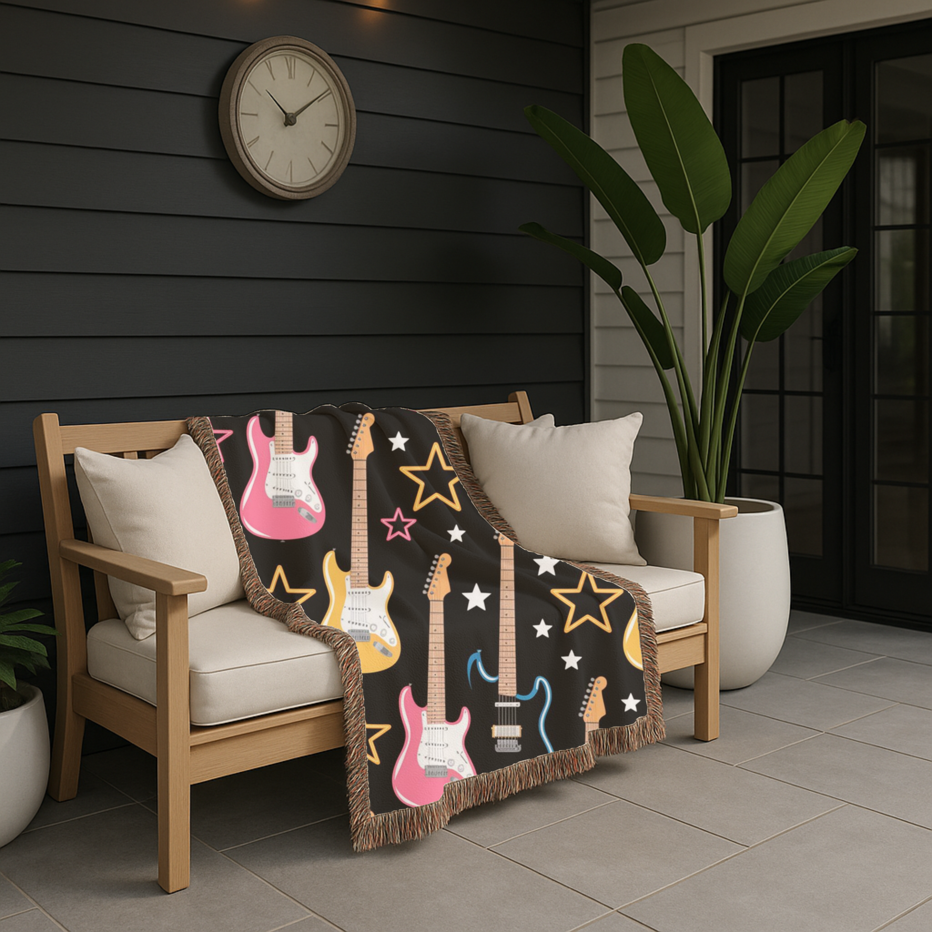 Woven Electric Guitar Throw Blanket | Pink Yellow Blue Black Stars, 1980s Rock Décor
