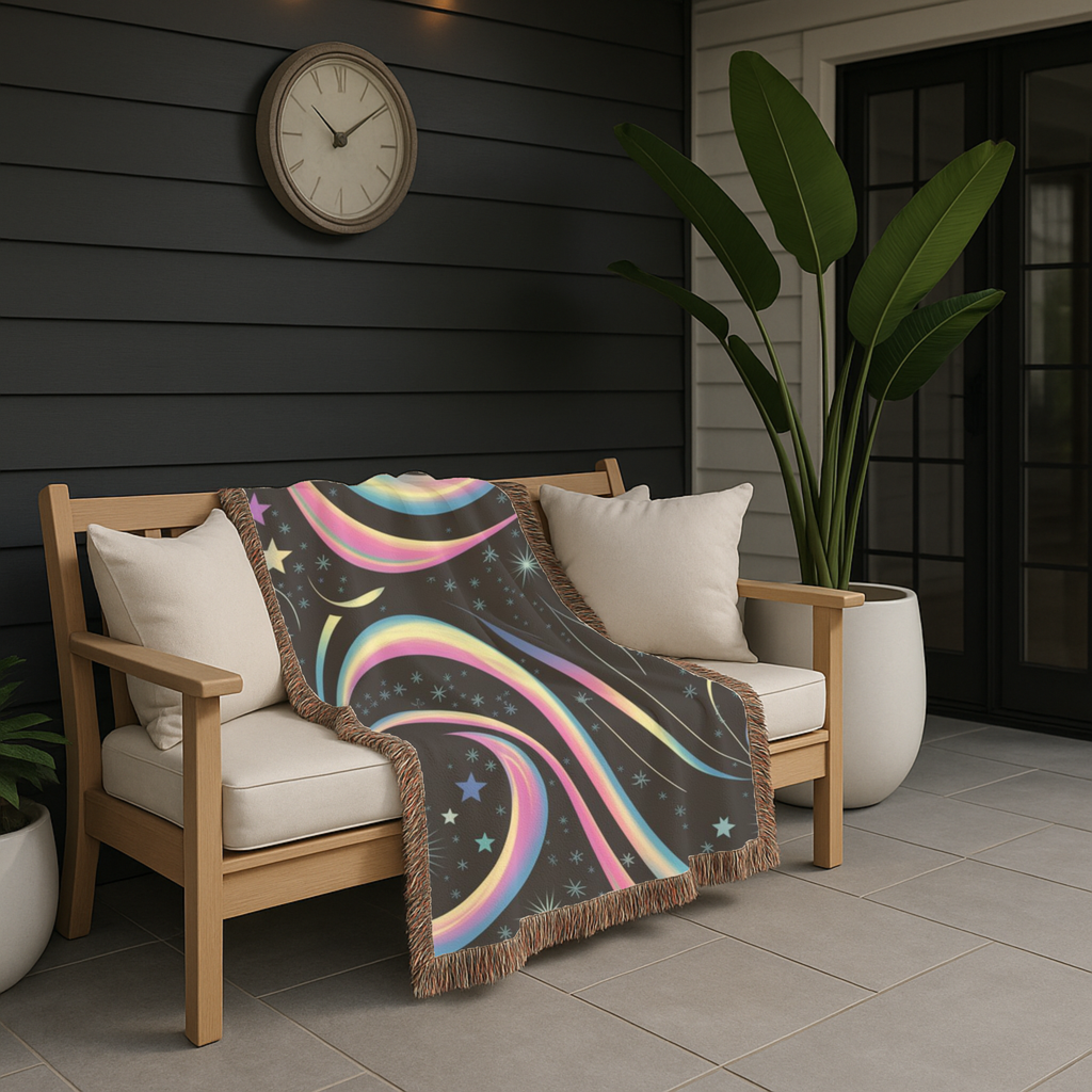 Stardust Throw — 2000s Y2K Rainbow Star Swirl Woven Blanket