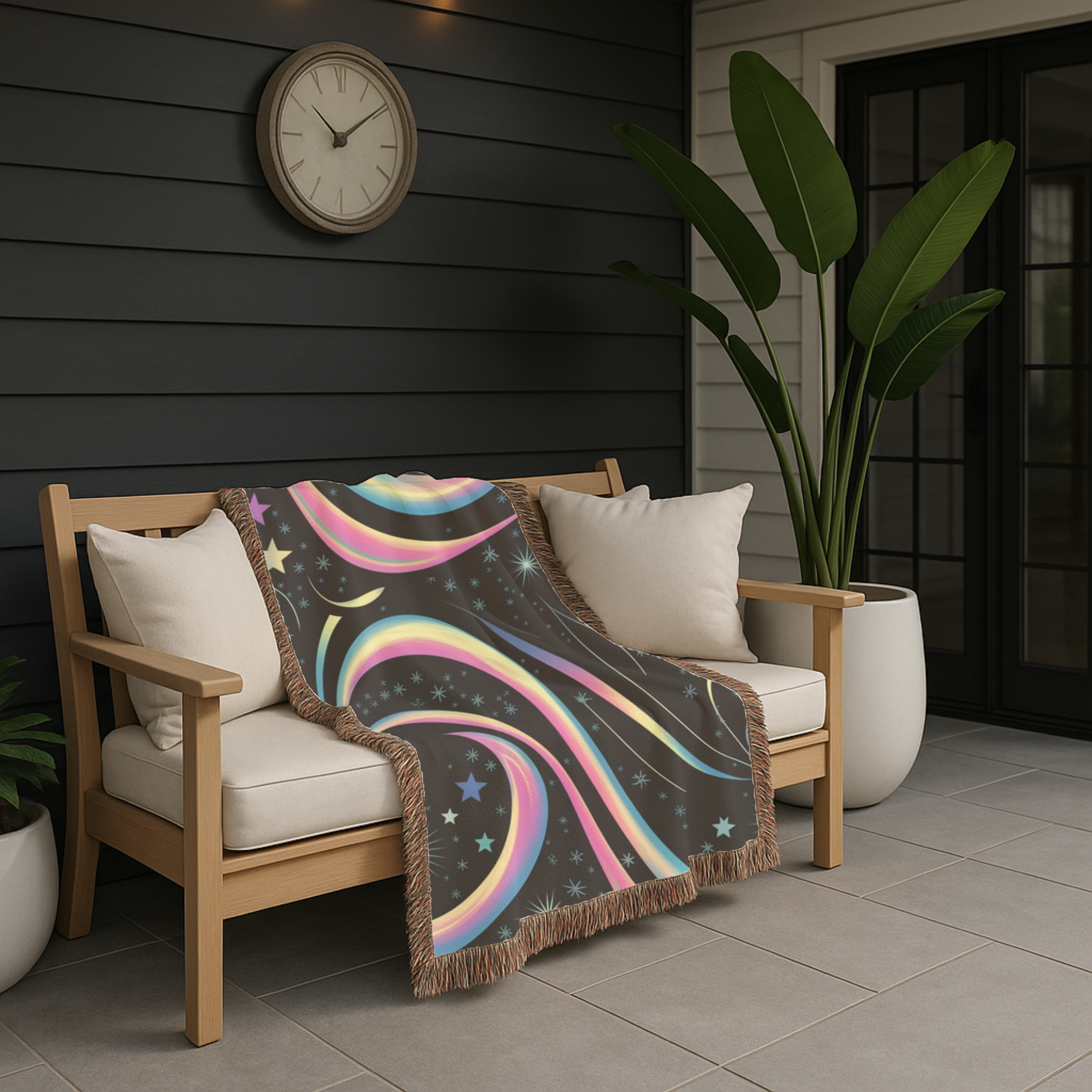 Stardust Throw — 2000s Y2K Rainbow Star Swirl Woven Blanket