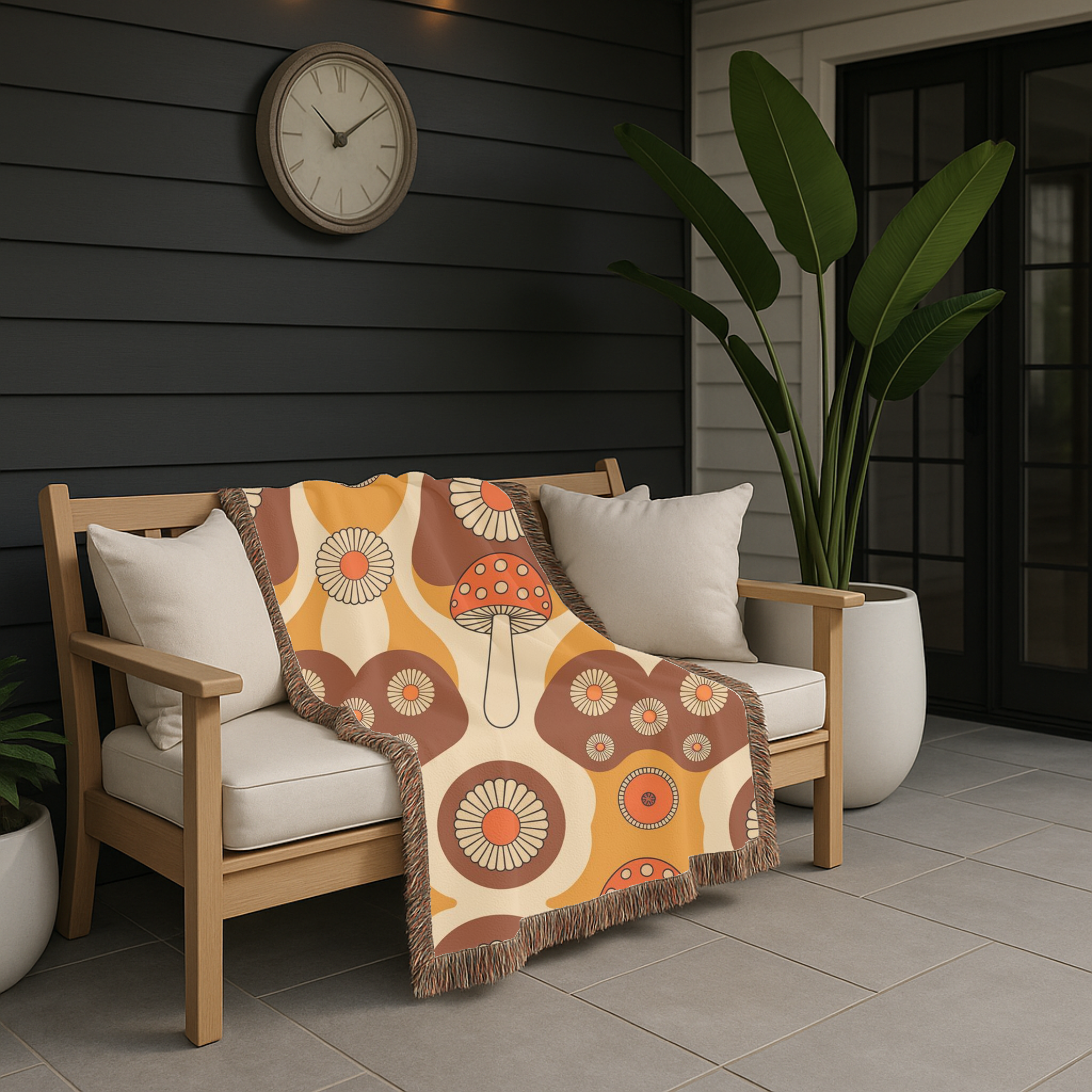Mushroom Garden Throw — 1970s Retro Fungi Woven Blanket