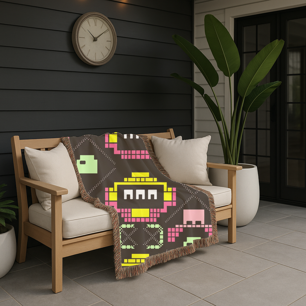 Pixel Robot Throw — 1980s Arcade Game Woven Blanket