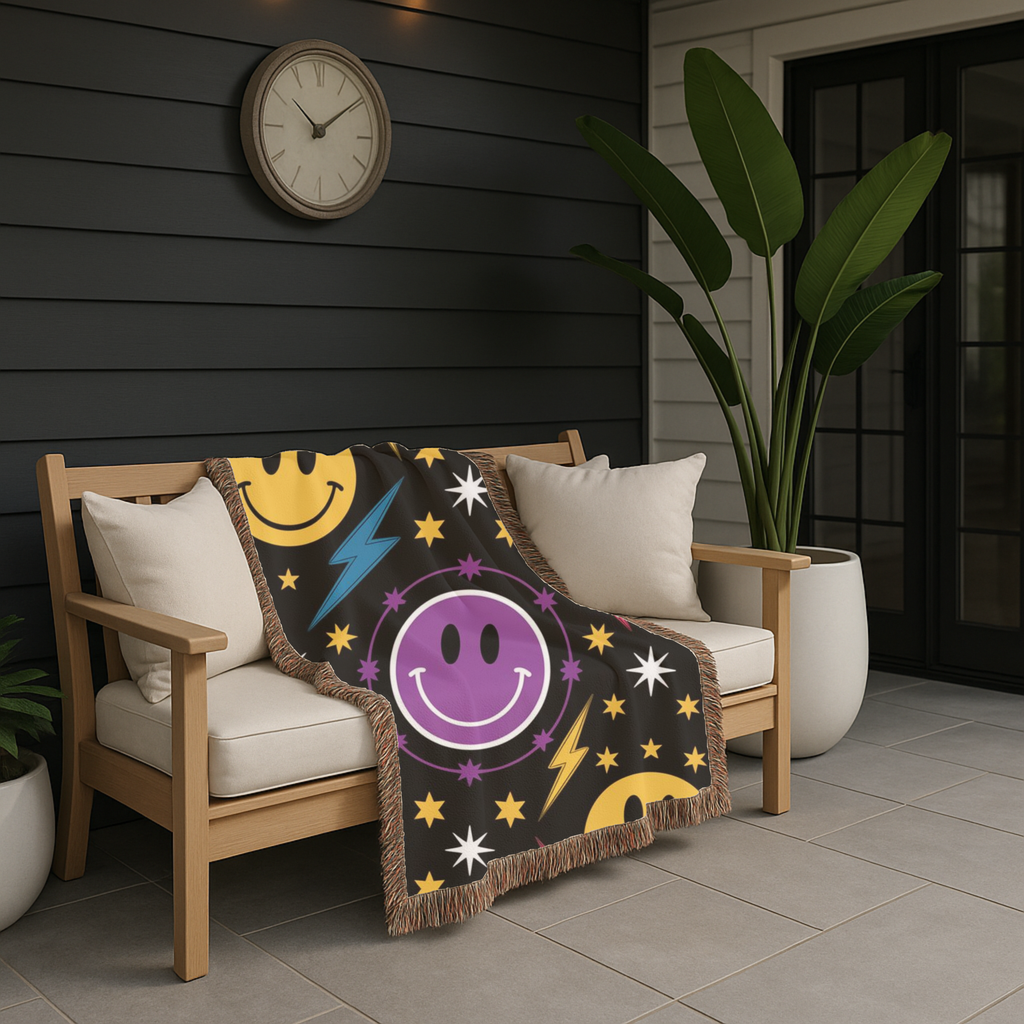 Bolts & Smiles Throw — 1990s Smiley & Lightning Woven Blanket