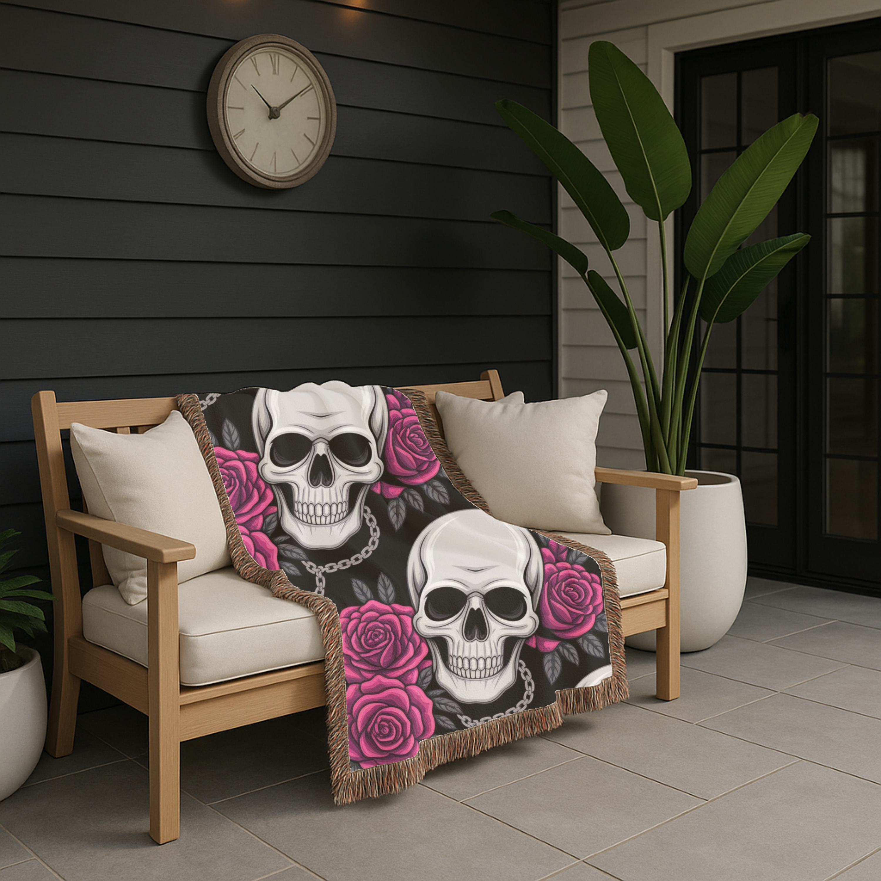 Skull & Roses Throw — 1990s Gothic Skull & Rose Woven Blanket