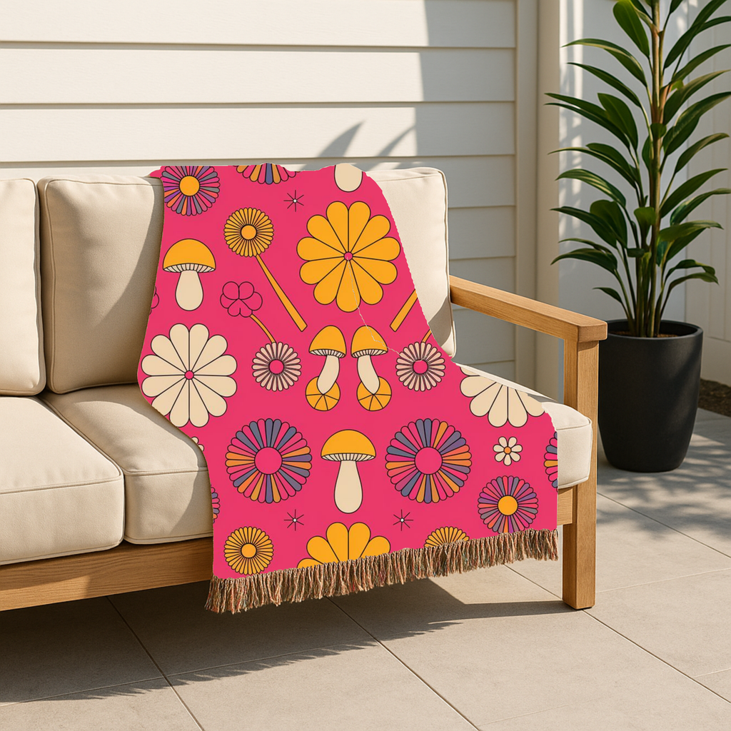 🌸 Groovy Garden Throw — 1960s Rainbow Flower Woven Blanket