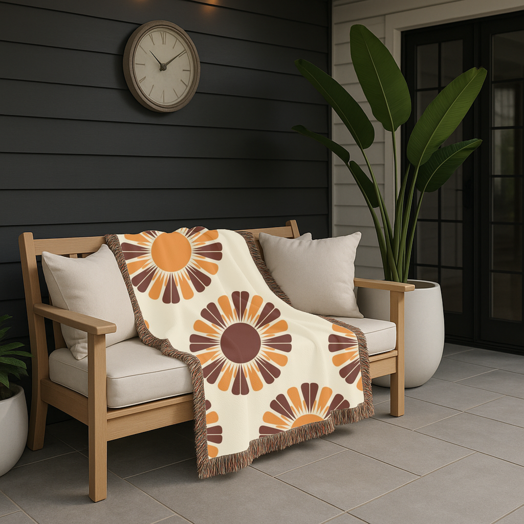 Harvest Sunflower Throw — 1970s Folk Sunflower Woven Blanket