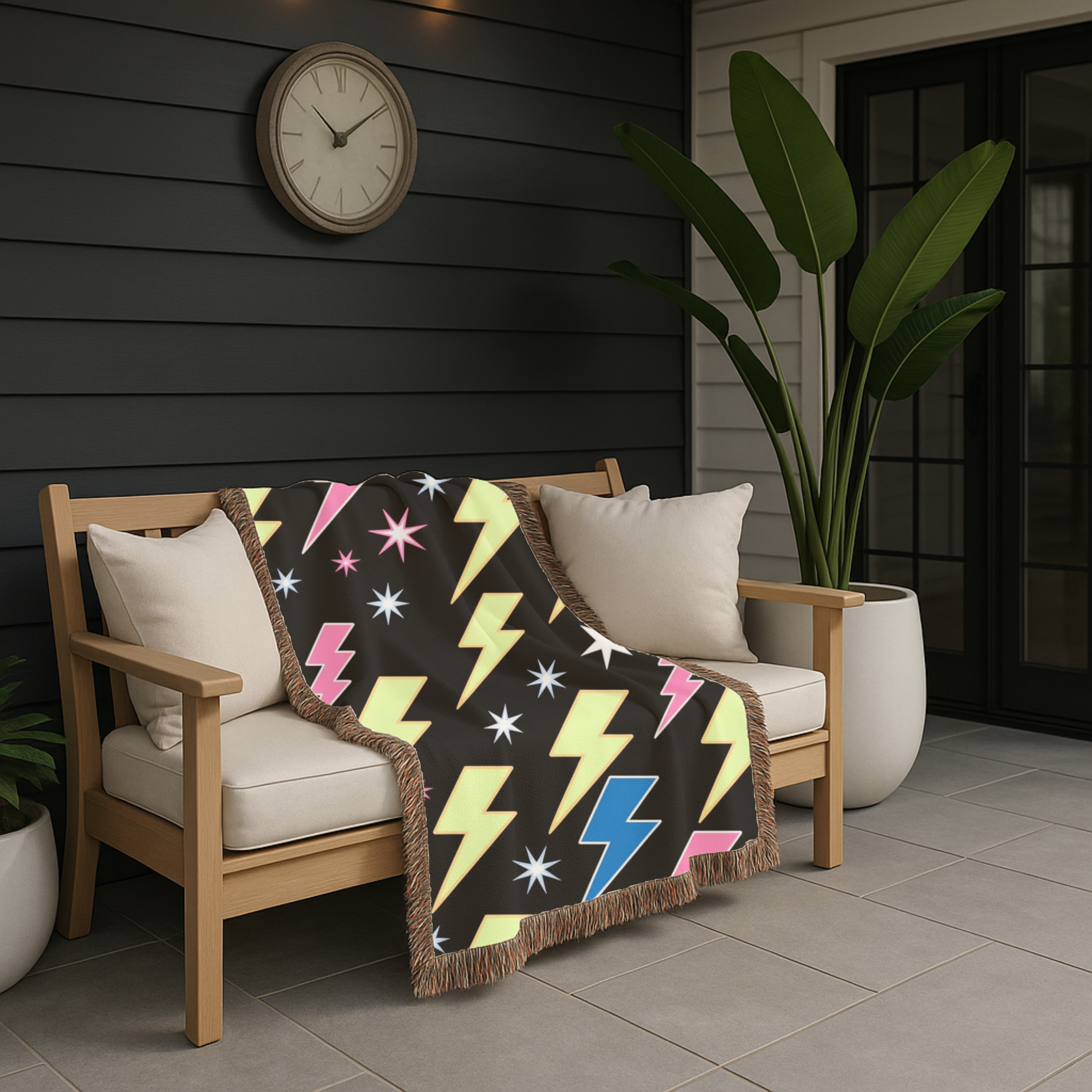 Lightning Strike Throw — 1980s Neon Bolt Woven Blanket
