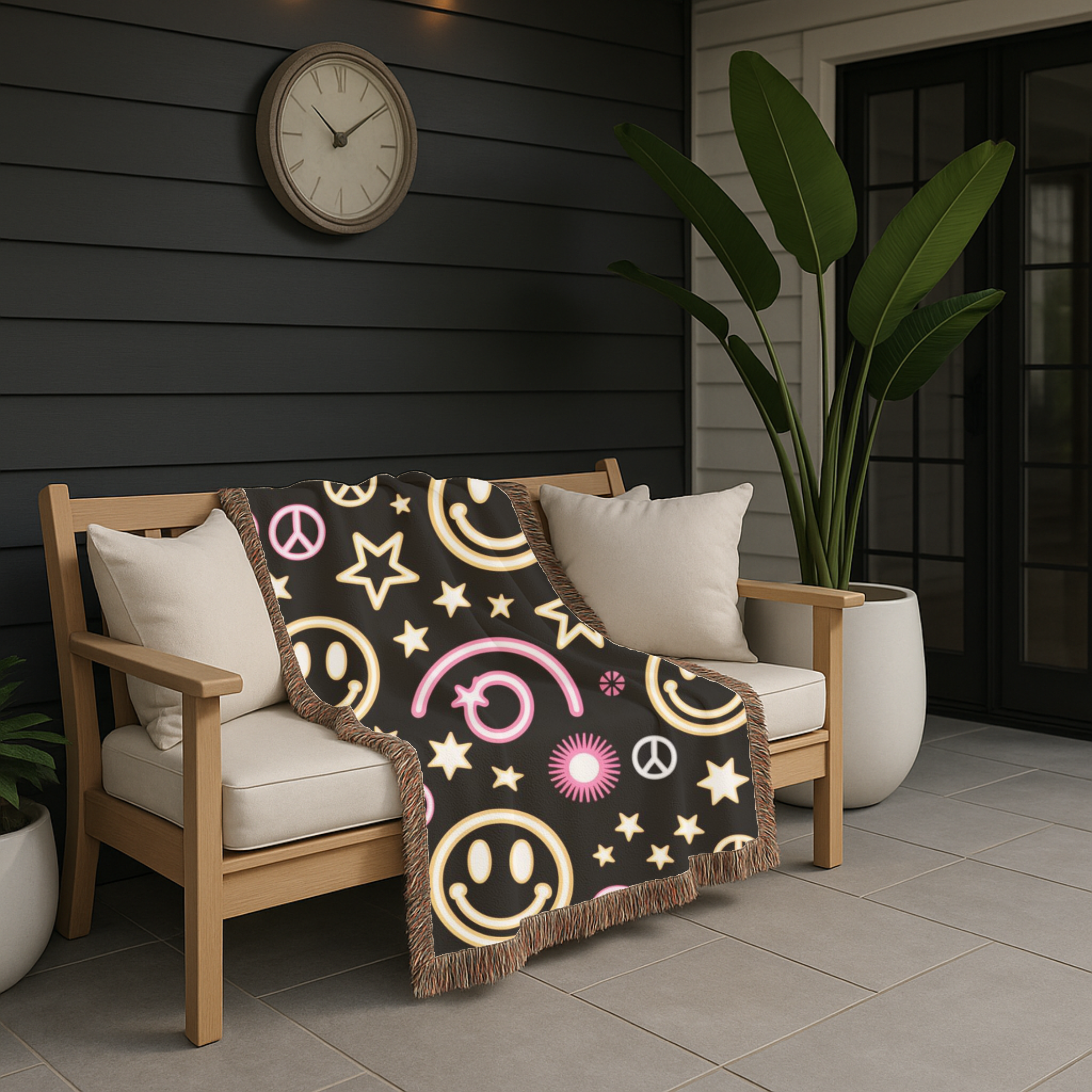 Happy Daze Throw — 1990s Smiley Face & Peace Woven Blanket