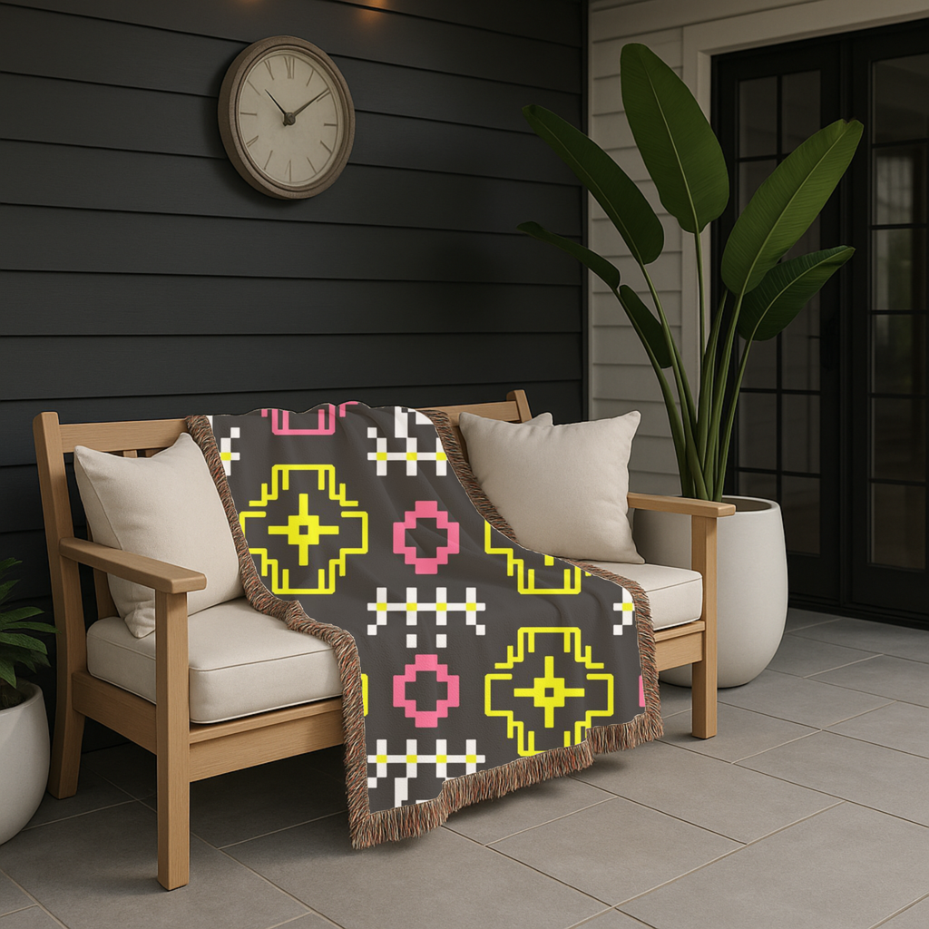 Pixel Bloom Throw — 1980s Arcade Neon Woven Blanket
