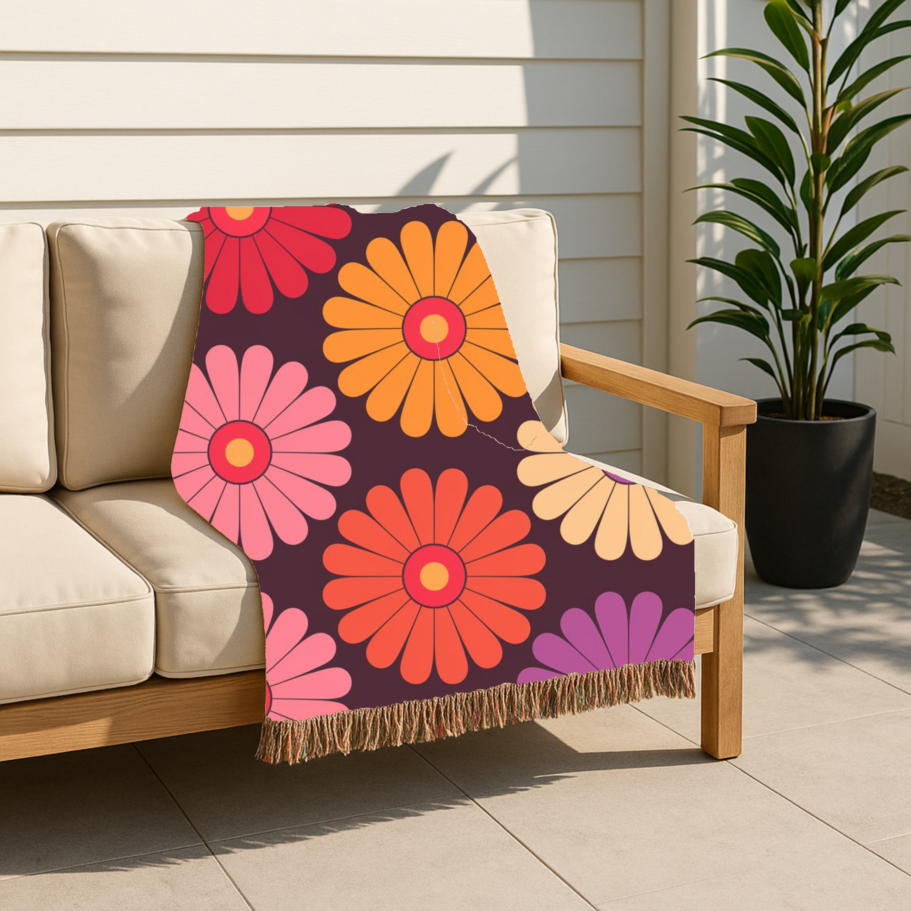🌼 Velvet Daisy Throw — 1960s Flower Power Woven Blanket