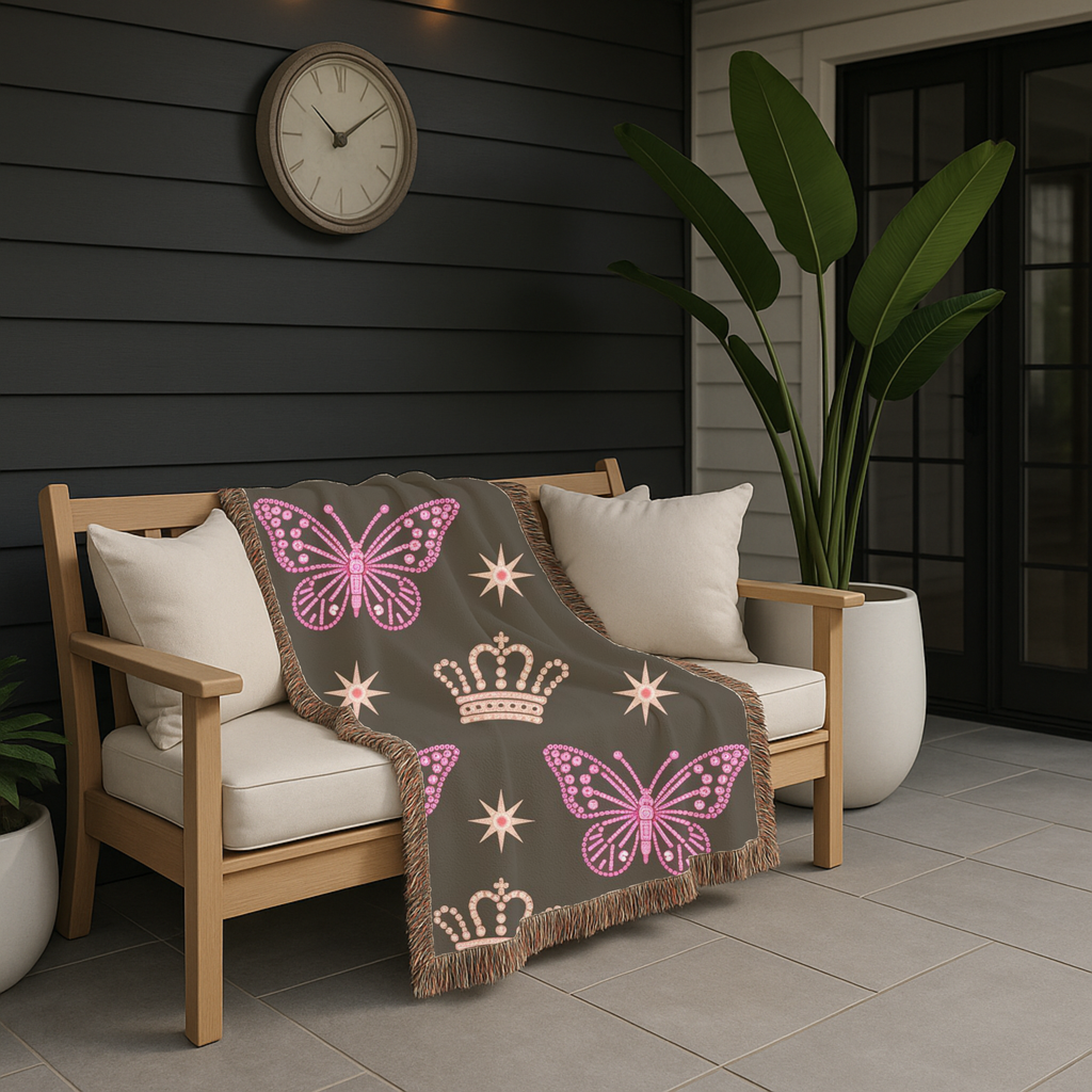 Crown & Wings Throw — 2000s Y2K Butterfly Crown Woven Blanket
