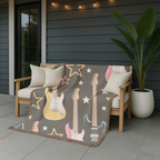 Woven Electric Guitar Throw Blanket | Pink Yellow Blue Black Stars, 1980s Rock Décor