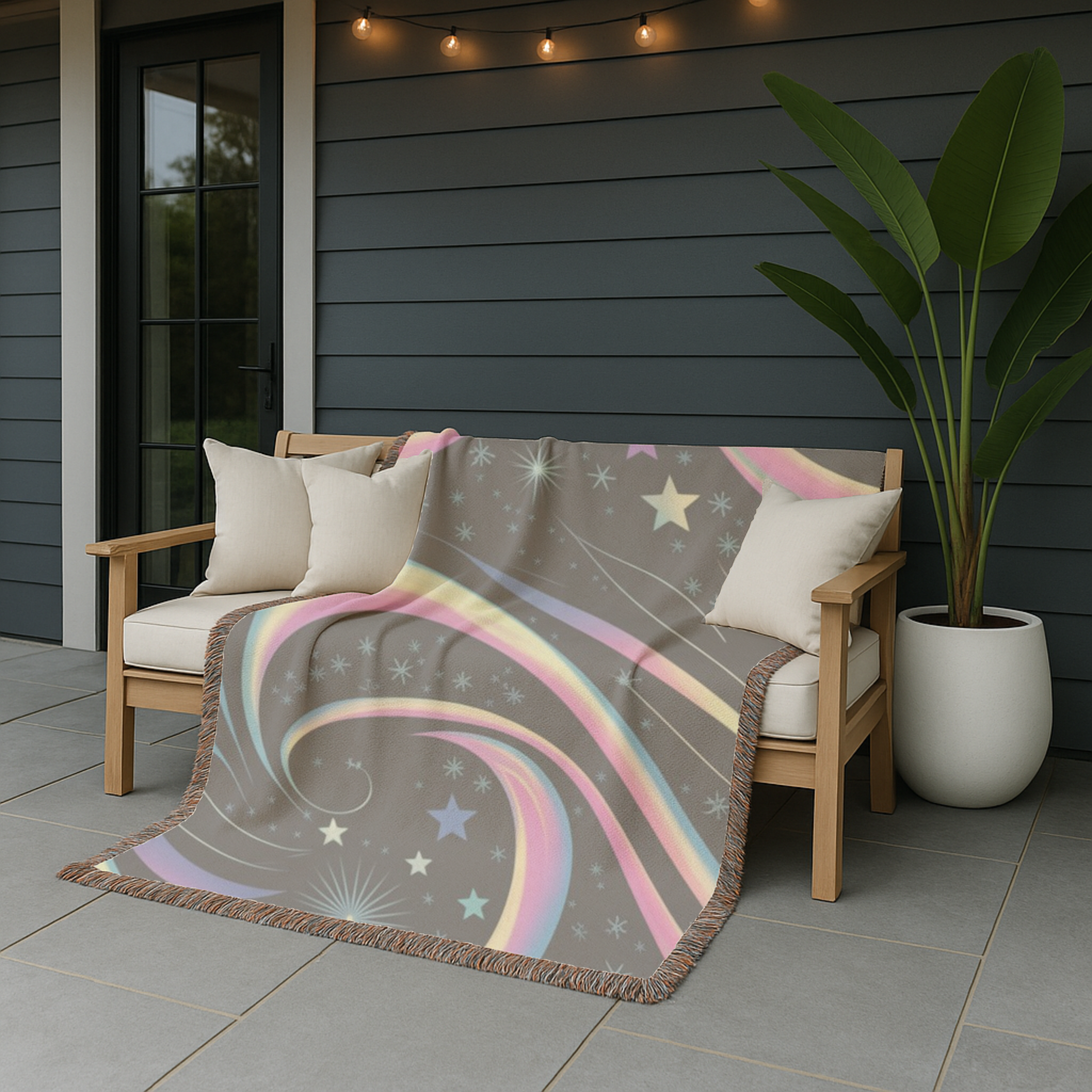 Stardust Throw — 2000s Y2K Rainbow Star Swirl Woven Blanket
