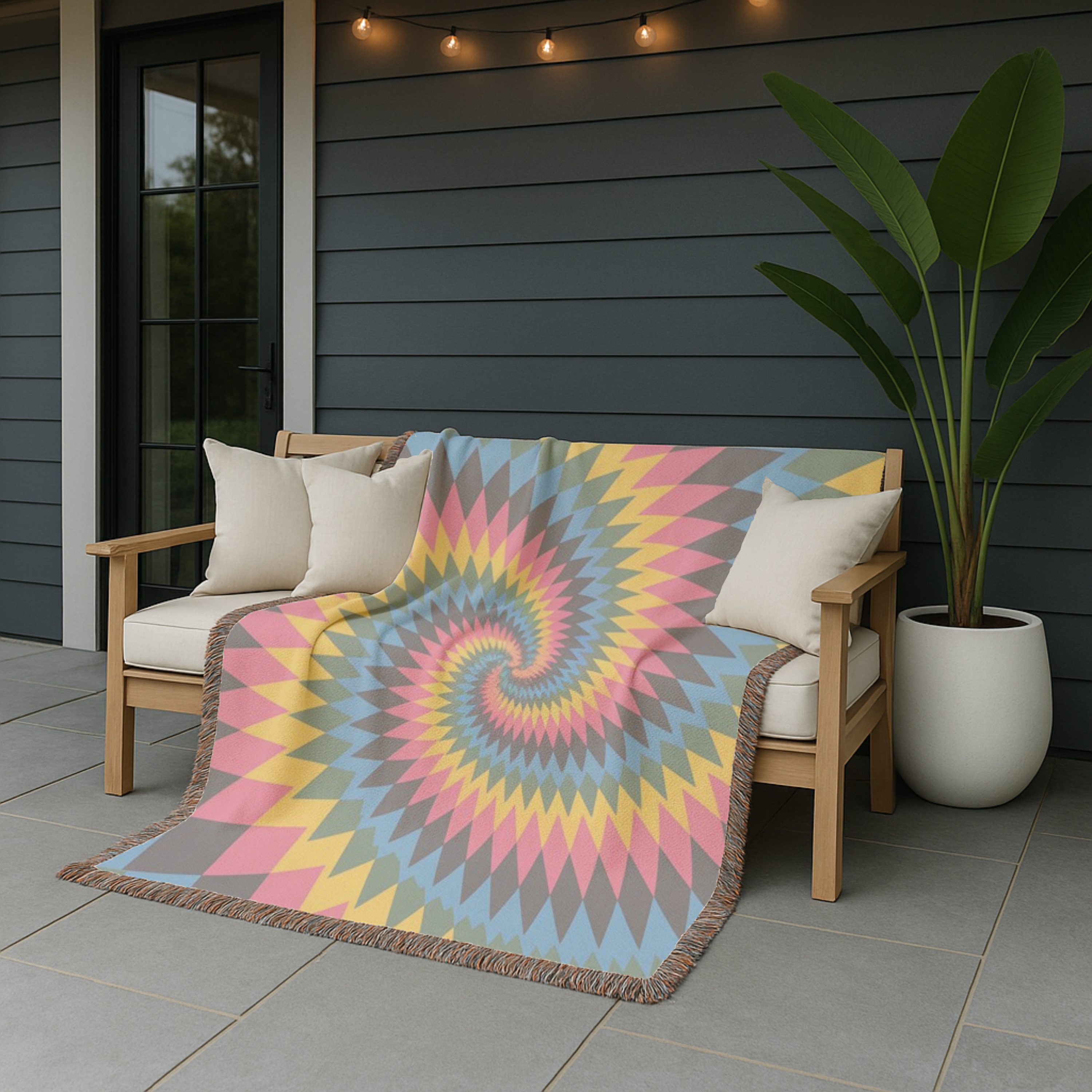 Spectrum Throw — 1990s Rainbow Spiral Woven Blanket