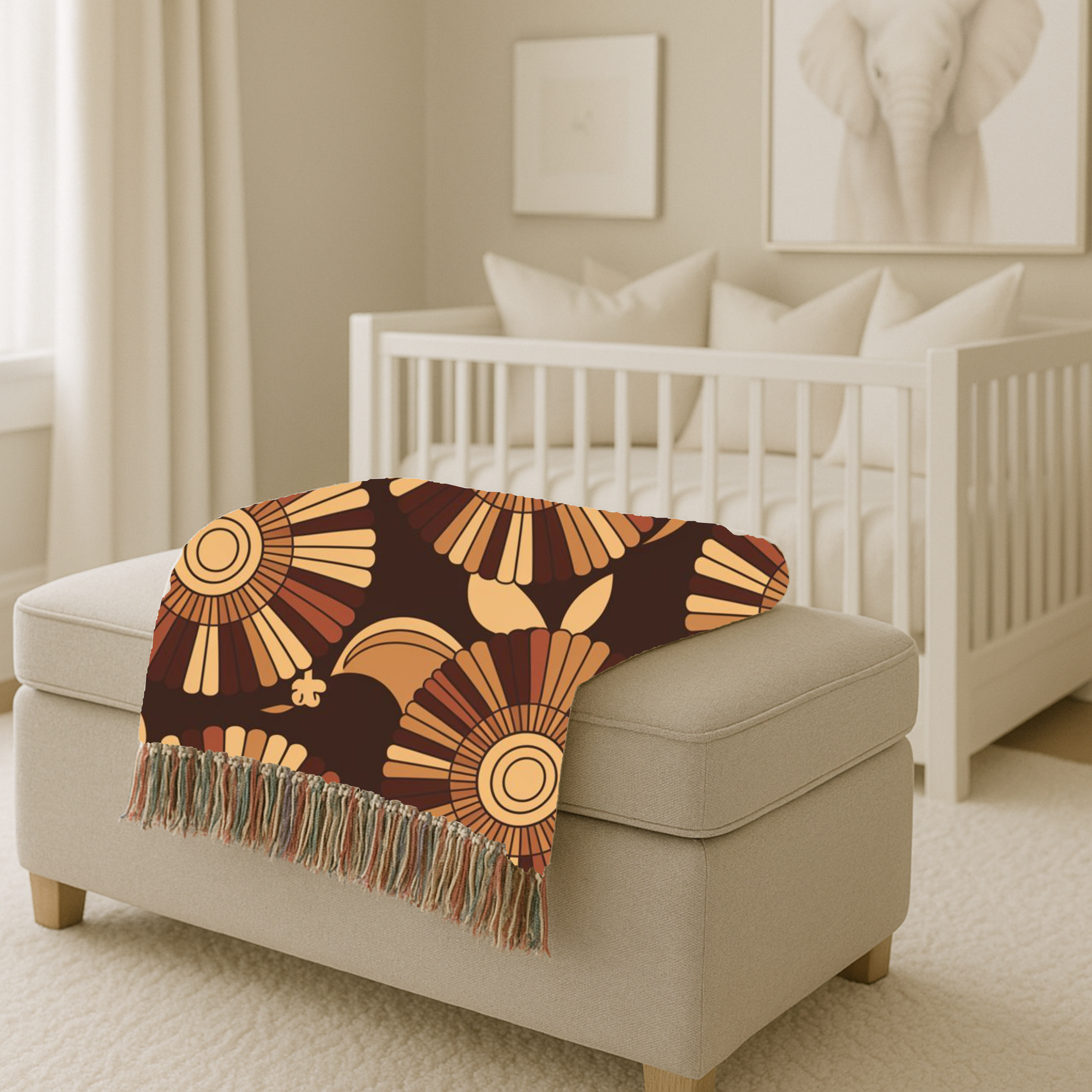 🌻  Tawny Bloom Throw — 1970s Art Nouveau Woven Blanket