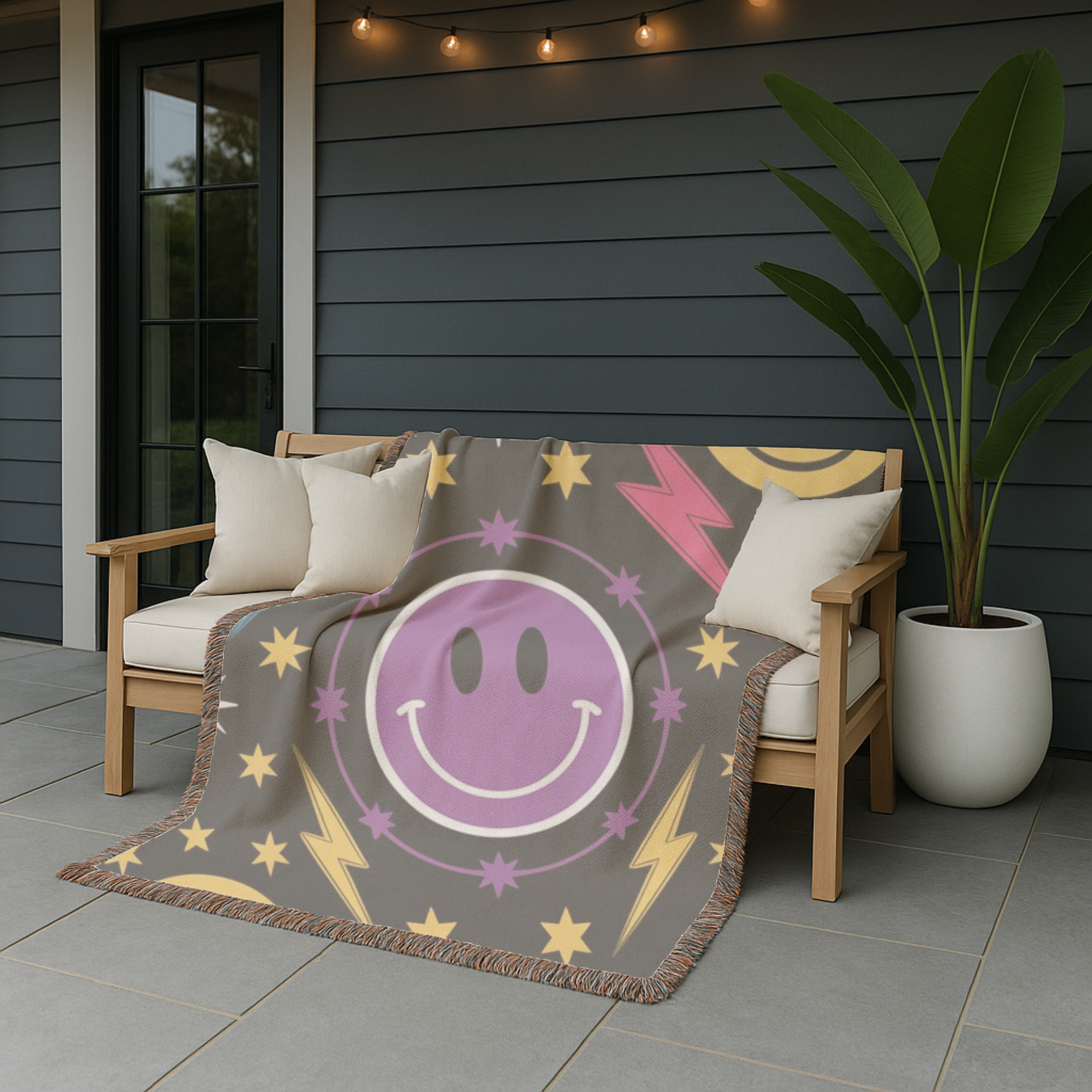 Bolts & Smiles Throw — 1990s Smiley & Lightning Woven Blanket