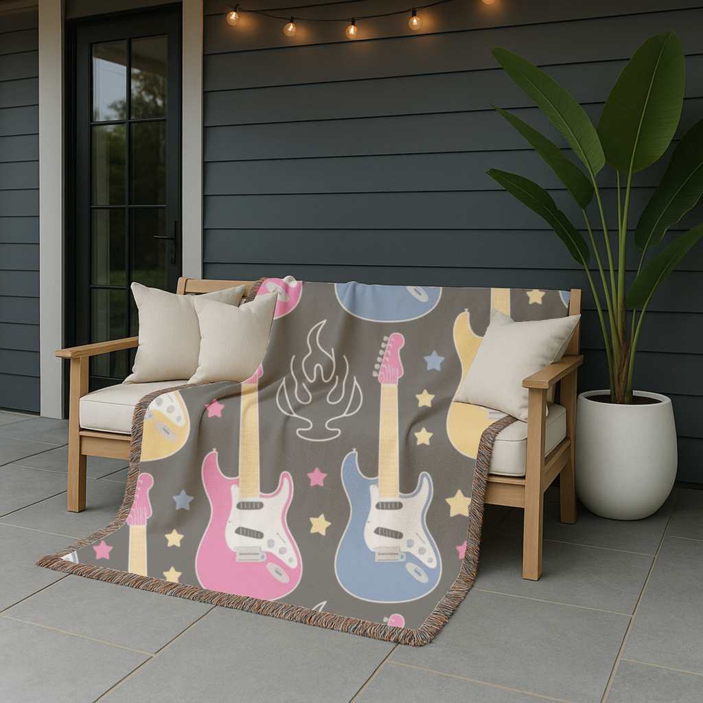 Rock Flame Throw — 1980s Guitar Fire Woven Blanket