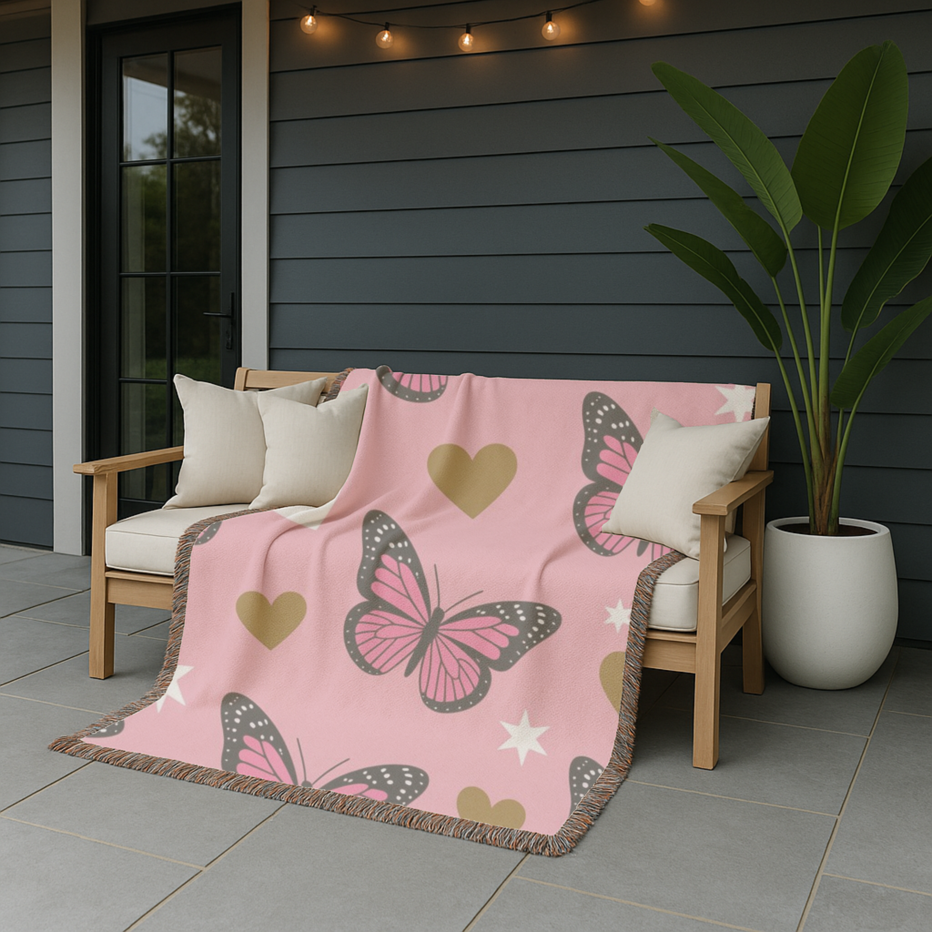Butterfly Kiss Throw — 2000s Pink Butterfly & Heart Woven Blanket
