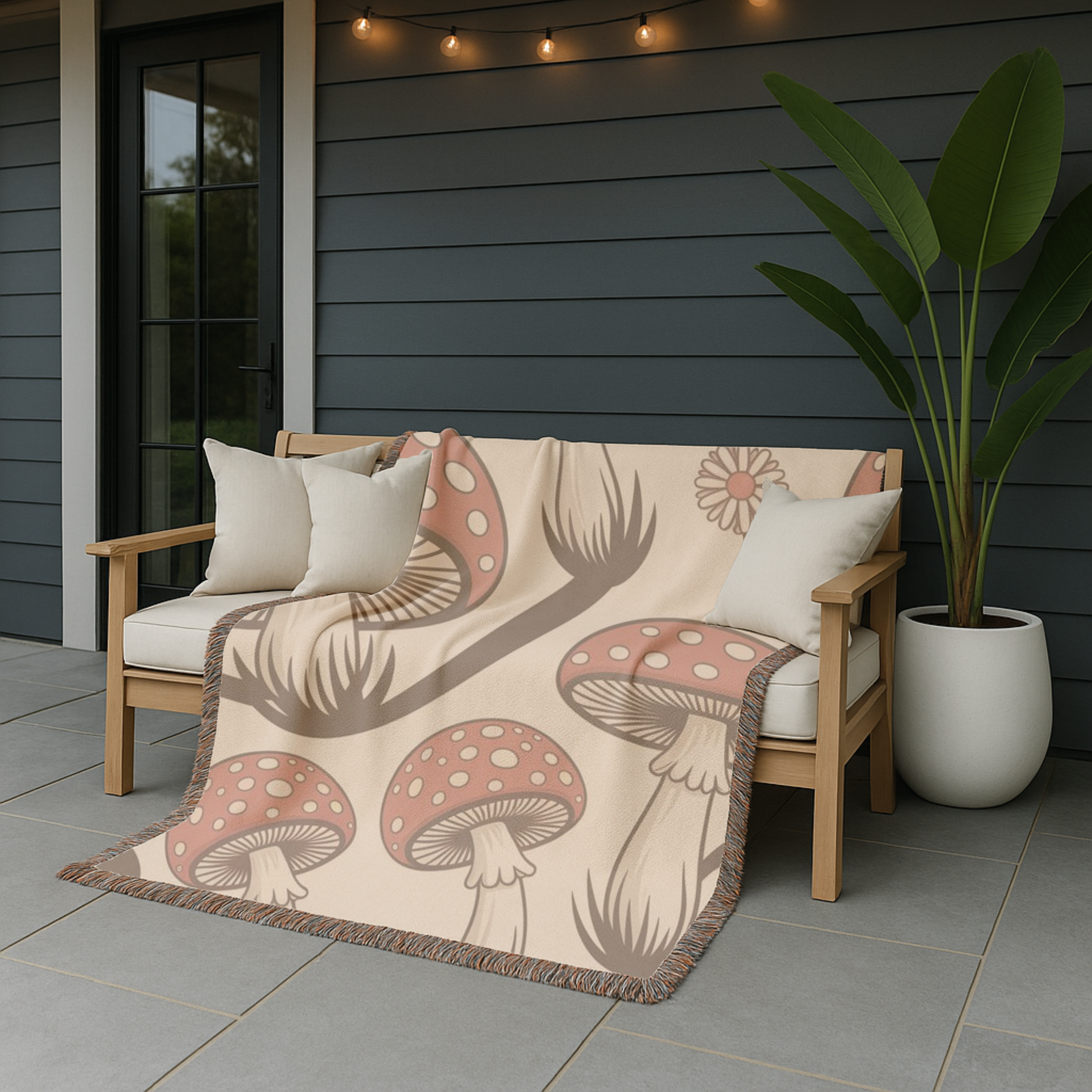 Forest Floor Throw — 1970s Woodland Mushroom Woven Blanket