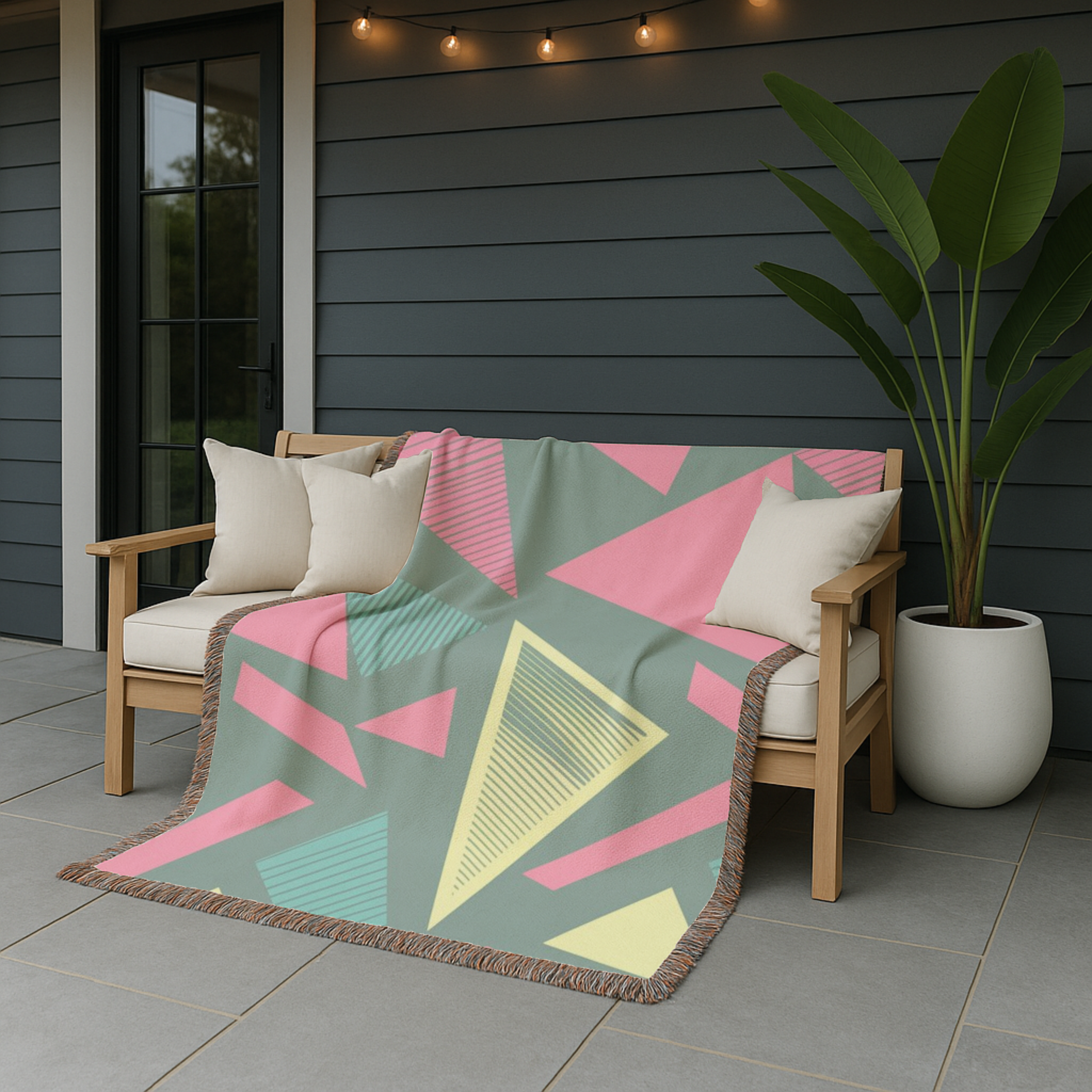 Neon Triangle Throw — 1980s Memphis Geometric Woven Blanket
