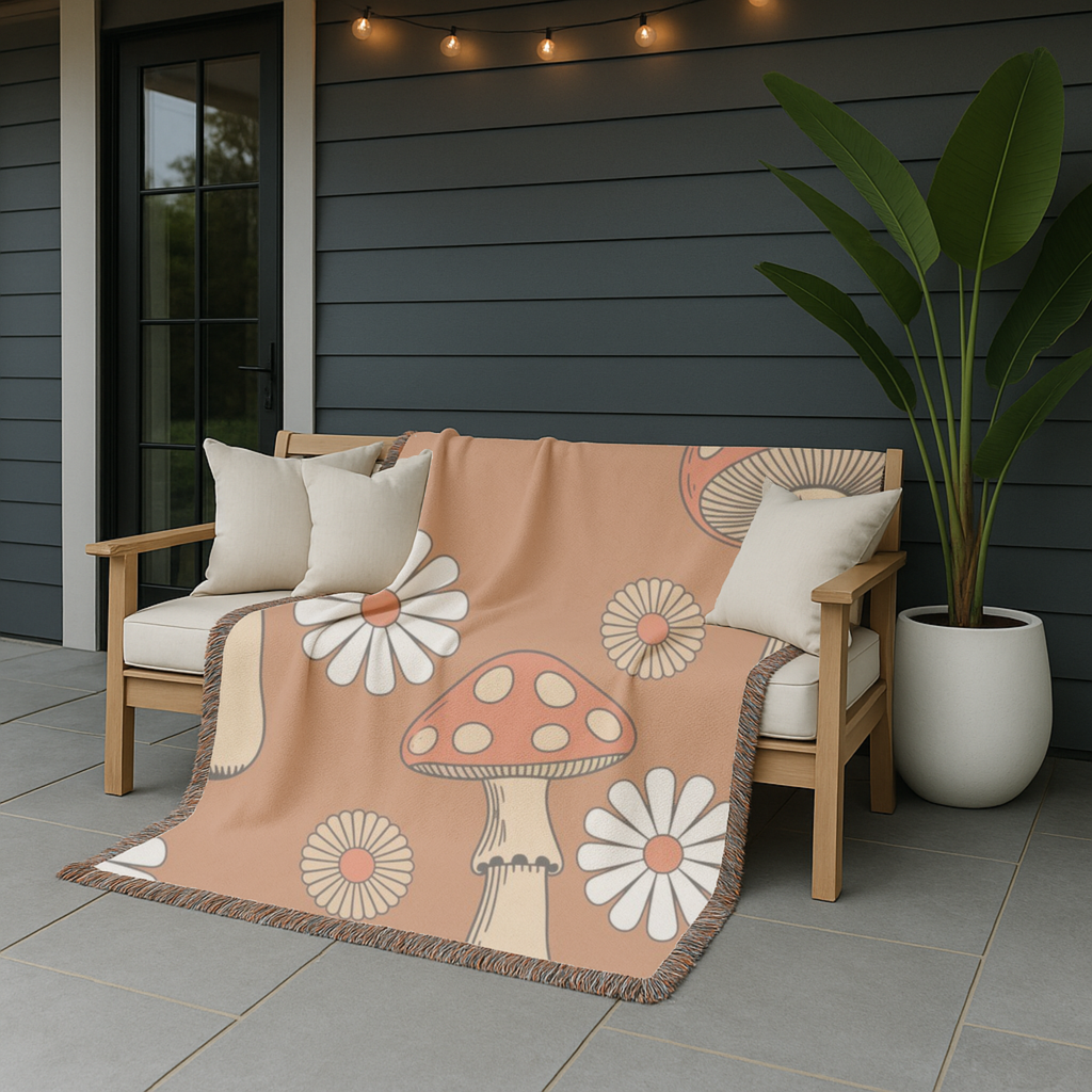 Groovy Mushroom Throw — 1970s Toadstool Daisy Woven Blanket