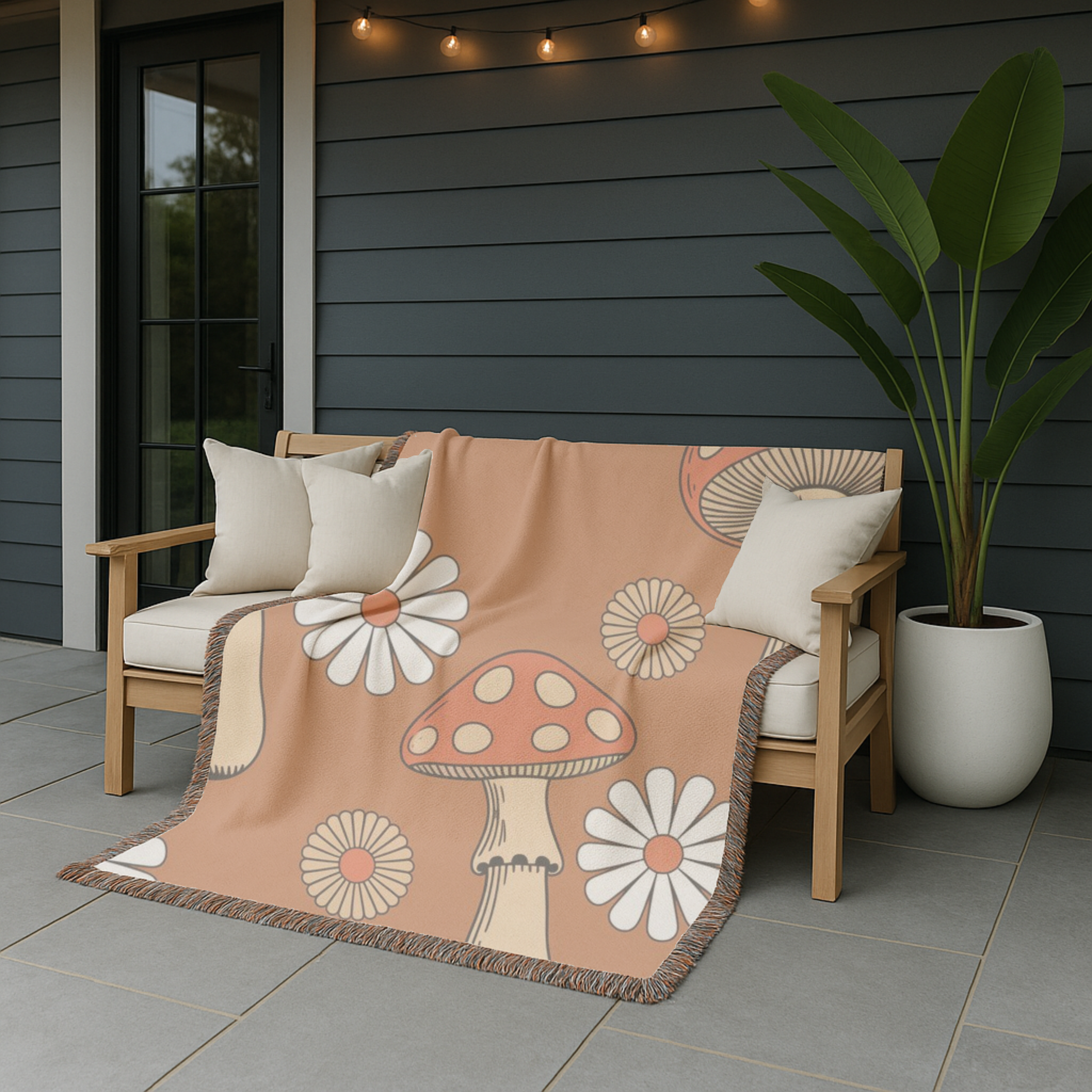Groovy Mushroom Throw — 1970s Toadstool Daisy Woven Blanket