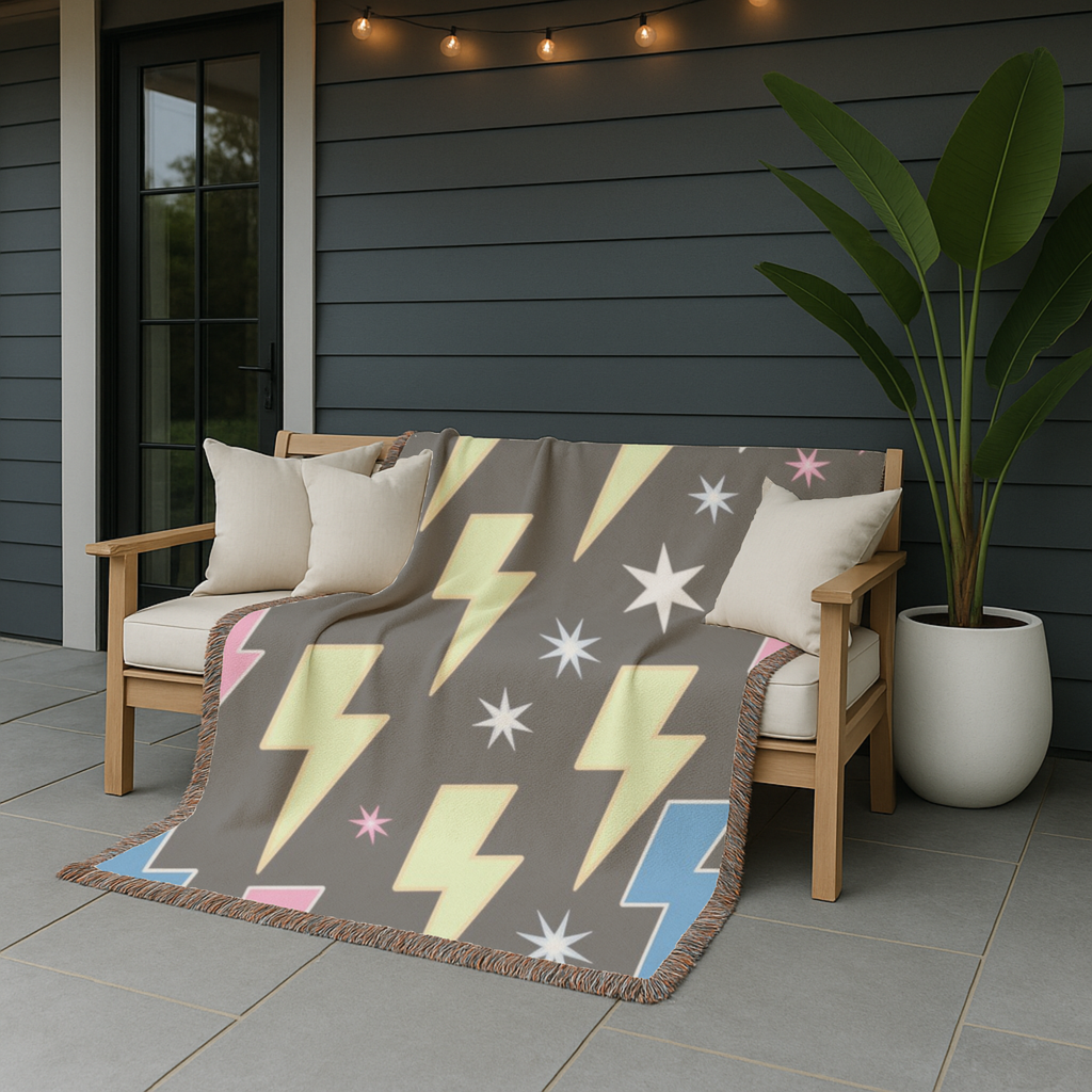 Lightning Strike Throw — 1980s Neon Bolt Woven Blanket