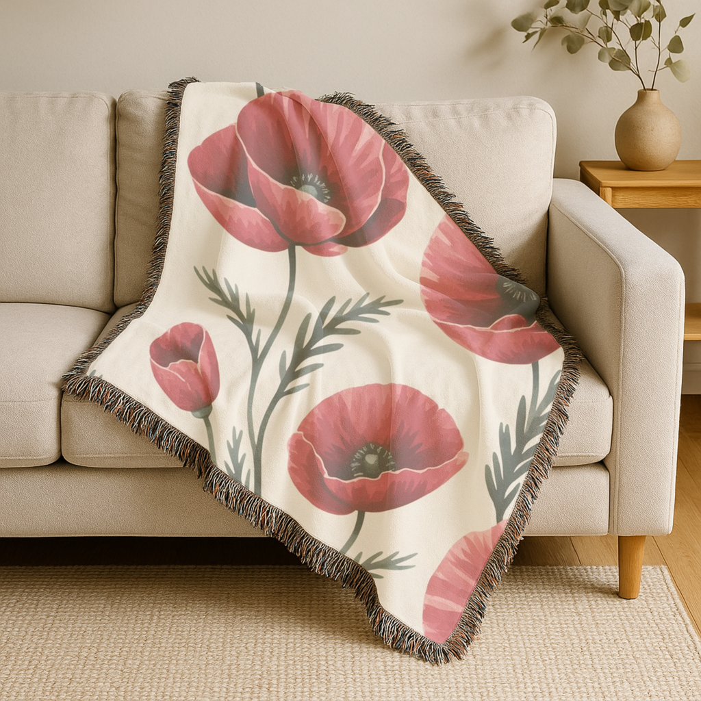 Flanders Fields Throw — 1940s Remembrance Poppy Woven Blanket