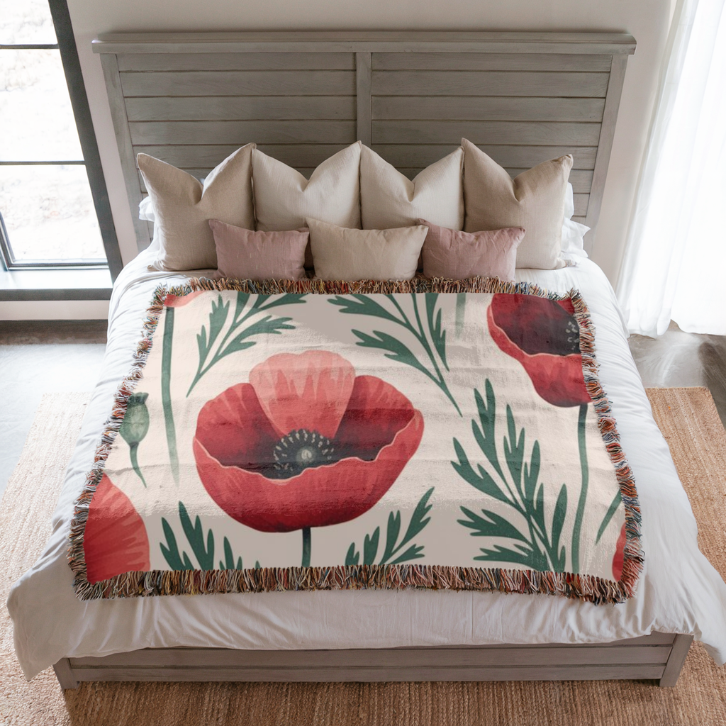 Flanders Fields Throw — 1940s Remembrance Poppy Woven Blanket