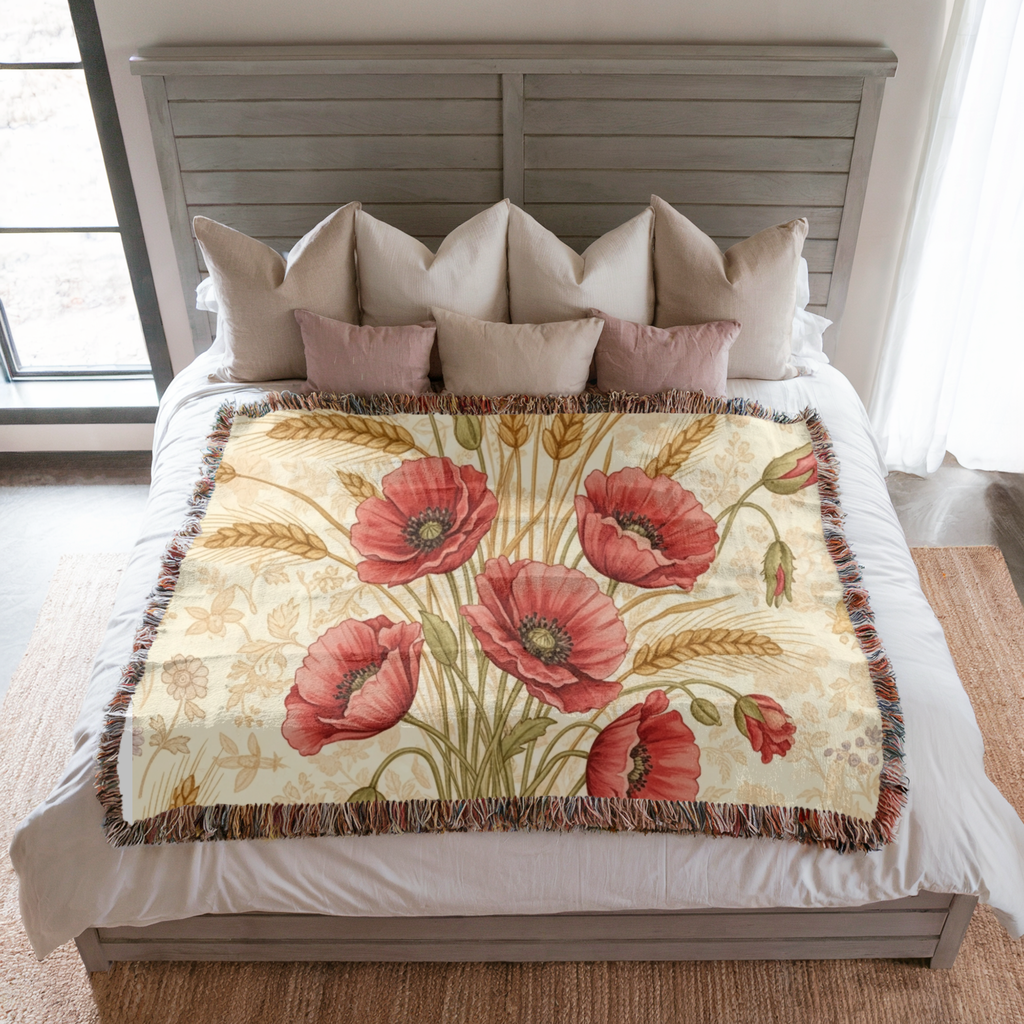 Harvest & Remembrance Throw — 1940s Poppy and Wheat Woven Blanket