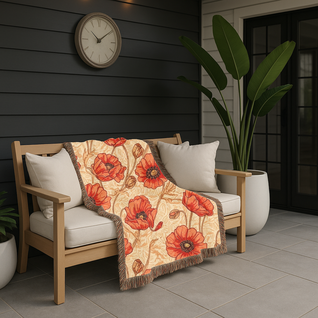 1940s Crimson Poppy Field Woven Blanket - 1940s Bold Graphic Woven Blanket