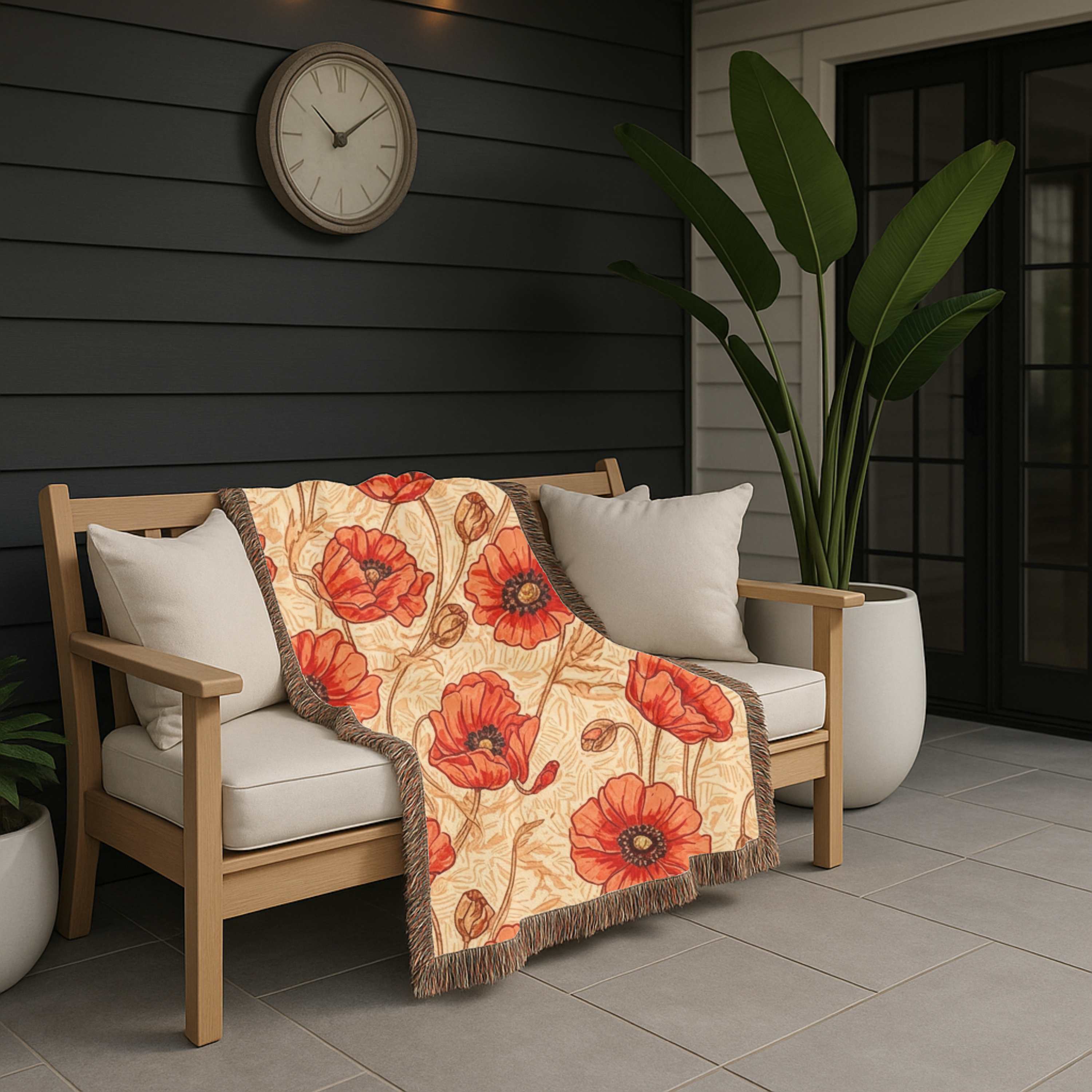 1940s Crimson Poppy Field Woven Blanket - 1940s Bold Graphic Woven Blanket