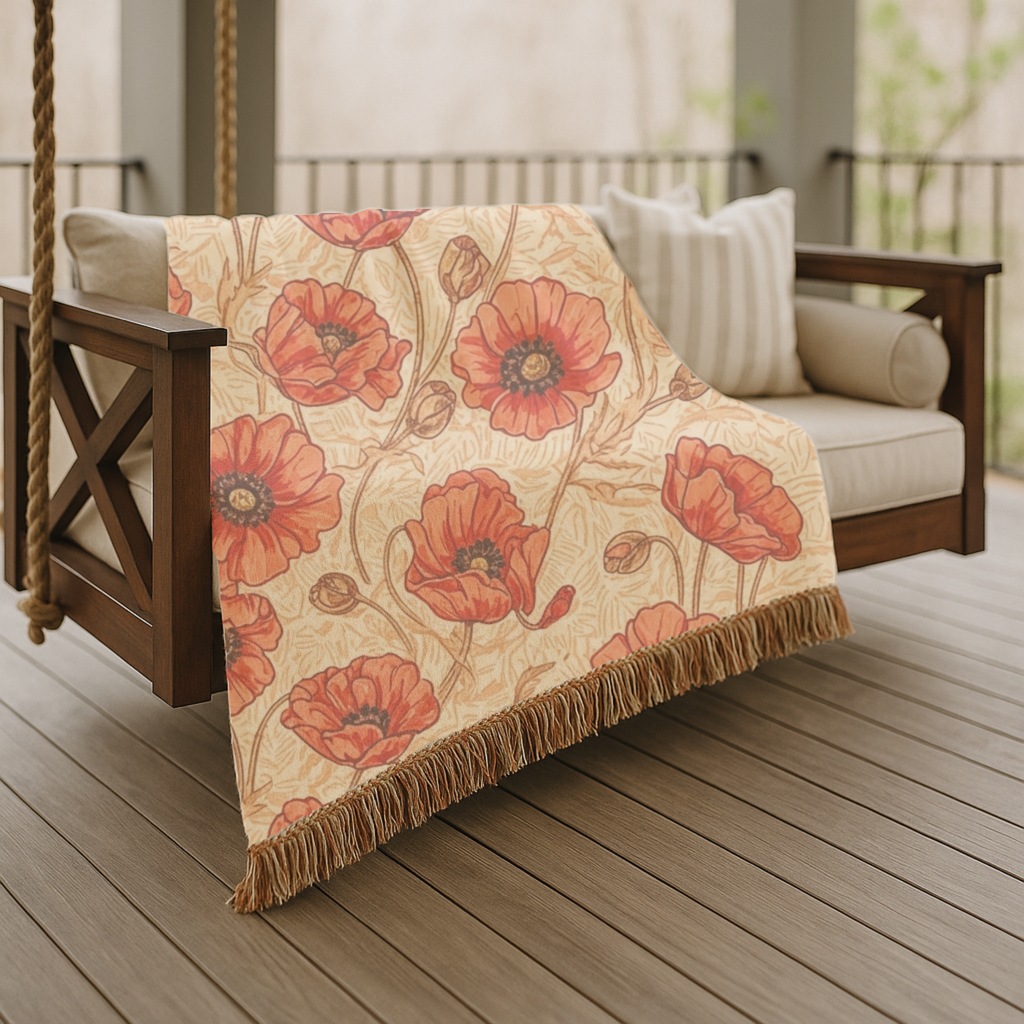 1940s Crimson Poppy Field Woven Blanket - 1940s Bold Graphic Woven Blanket