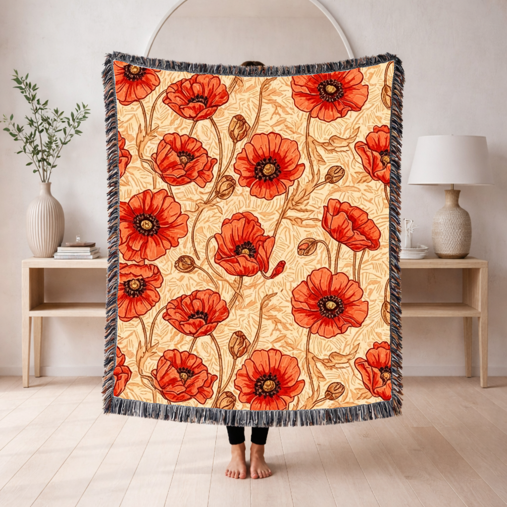 1940s Crimson Poppy Field Woven Blanket - 1940s Bold Graphic Woven Blanket