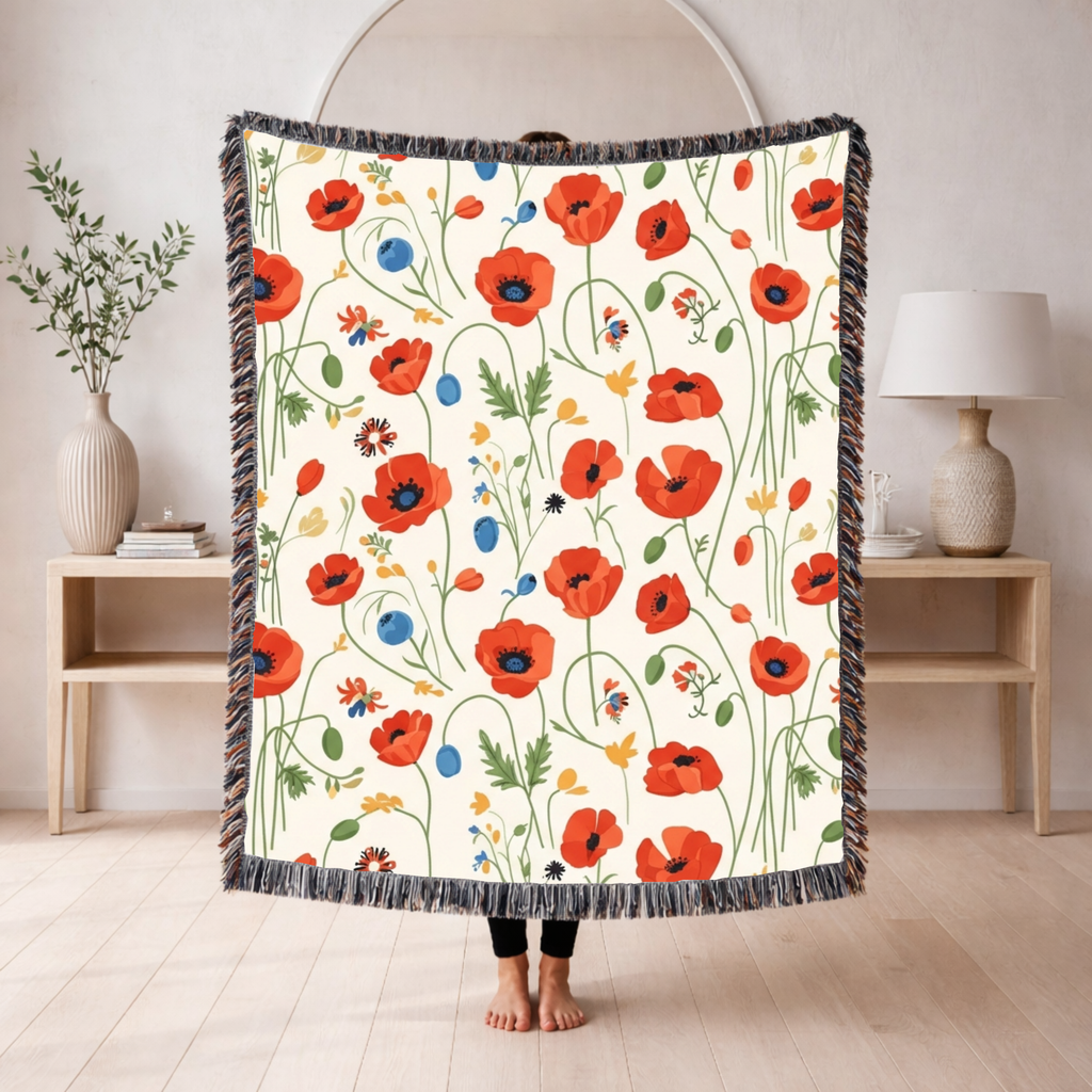 Poppy Meadow Throw — 1940s Wildflower Woven Blanket