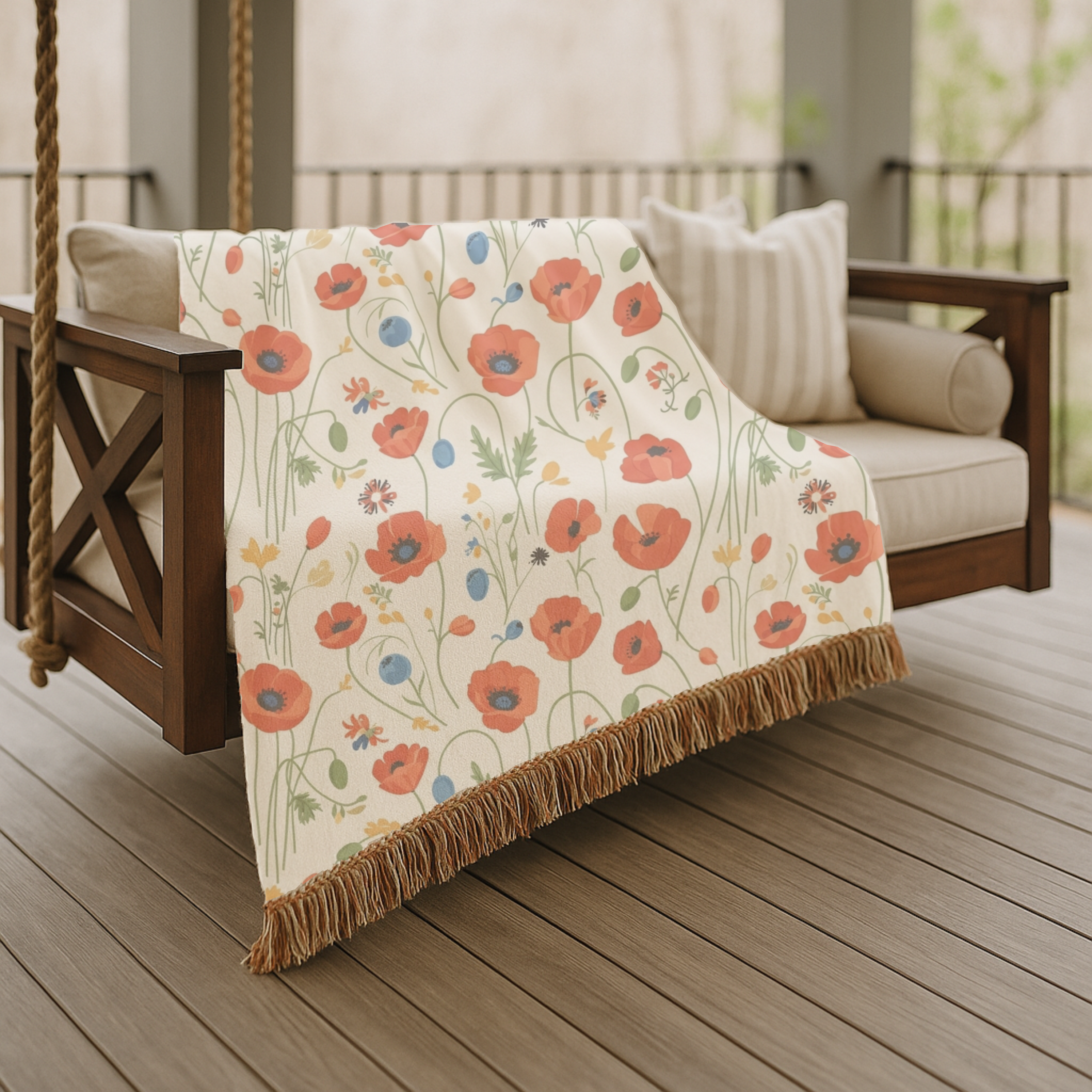 Poppy Meadow Throw — 1940s Wildflower Woven Blanket