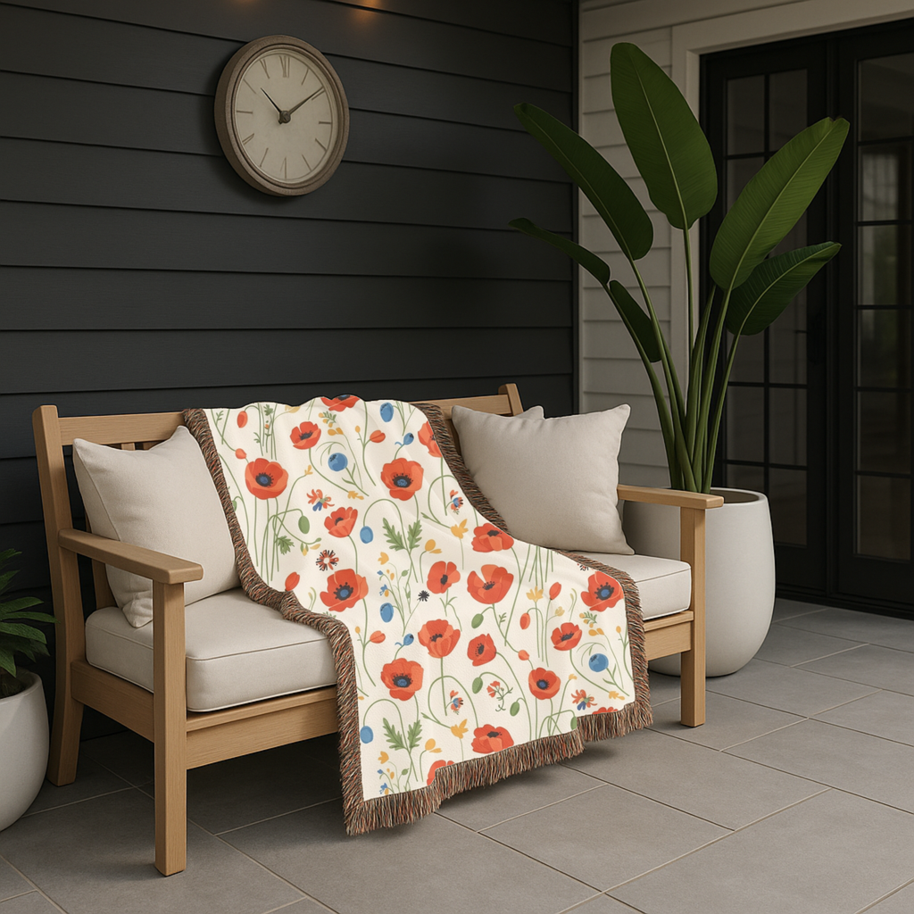 Poppy Meadow Throw — 1940s Wildflower Woven Blanket