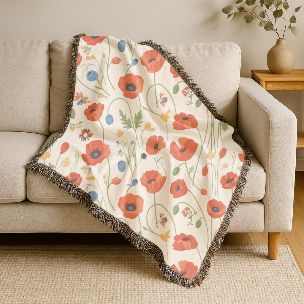 Poppy Meadow Throw — 1940s Wildflower Woven Blanket