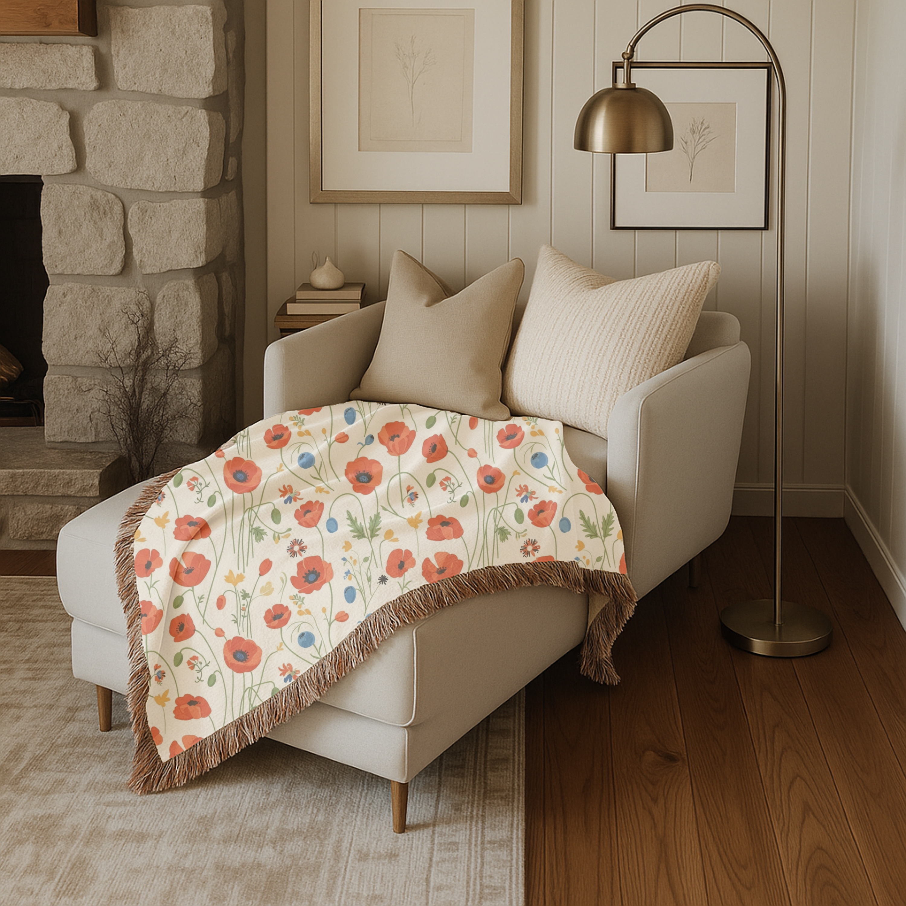Poppy Meadow Throw — 1940s Wildflower Woven Blanket