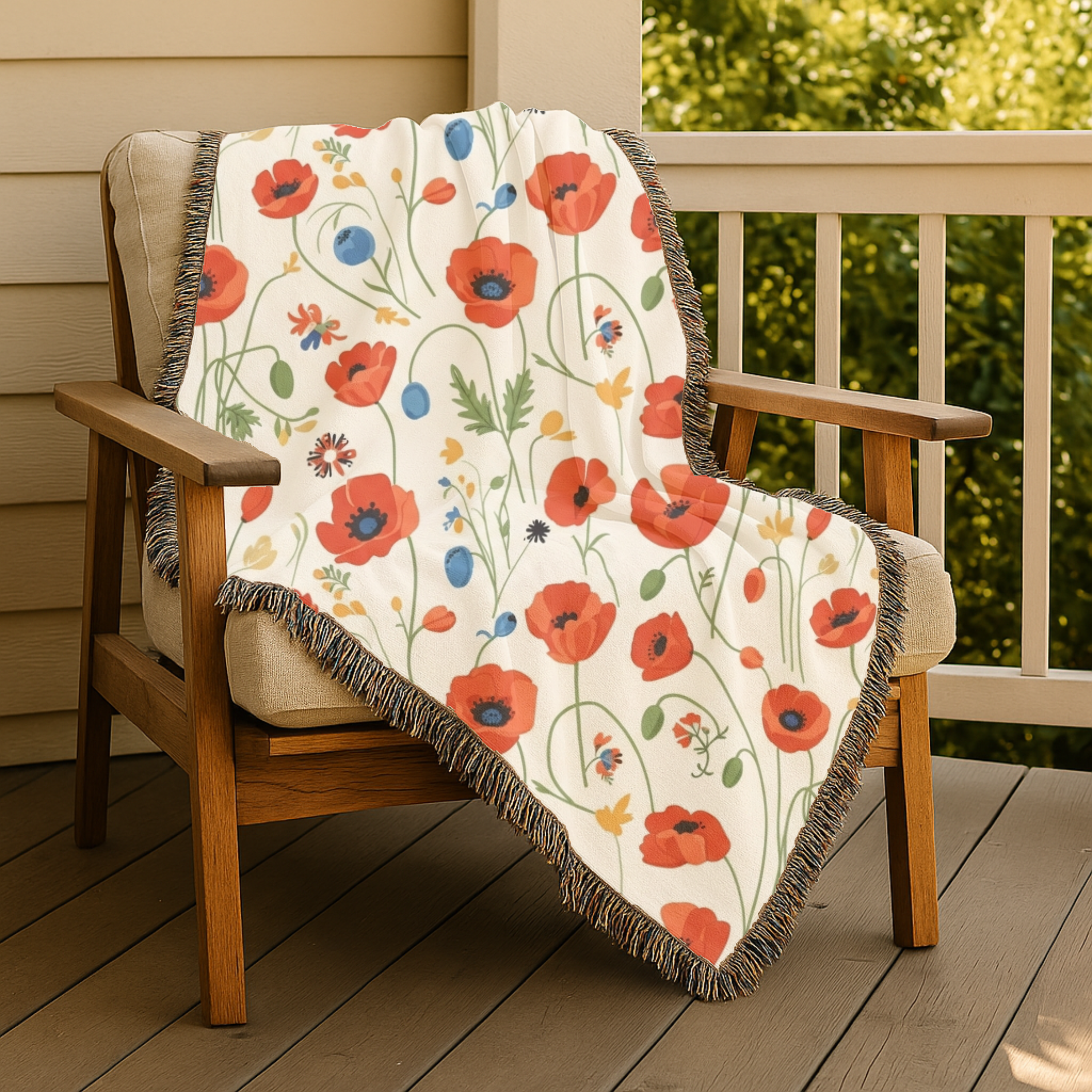 Poppy Meadow Throw — 1940s Wildflower Woven Blanket