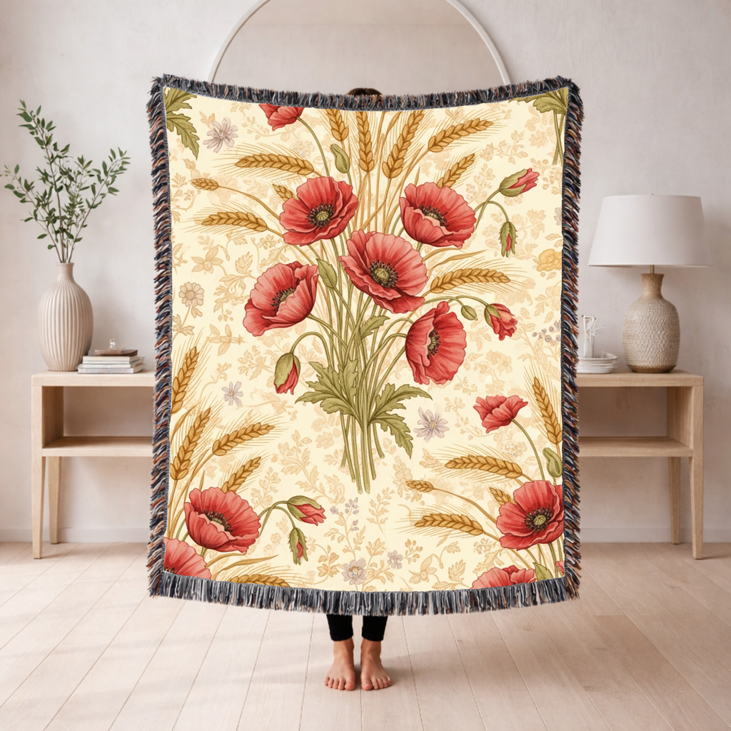 Harvest & Remembrance Throw — 1940s Poppy and Wheat Woven Blanket